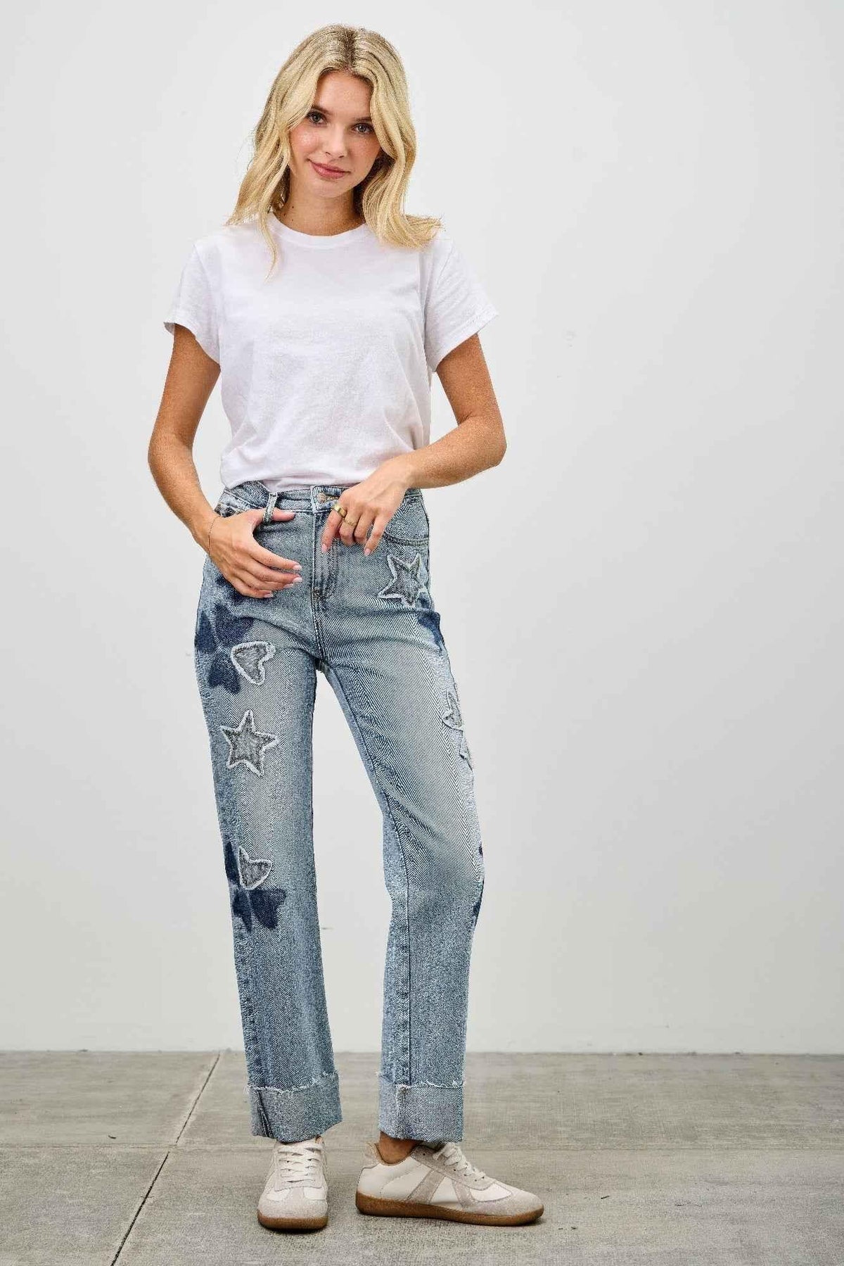 High Rise Star & Heart Patched Dad Jean W/stretch