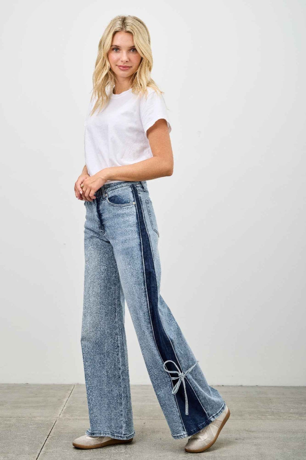 Mid Rise Contrast Wide Leg With Tie