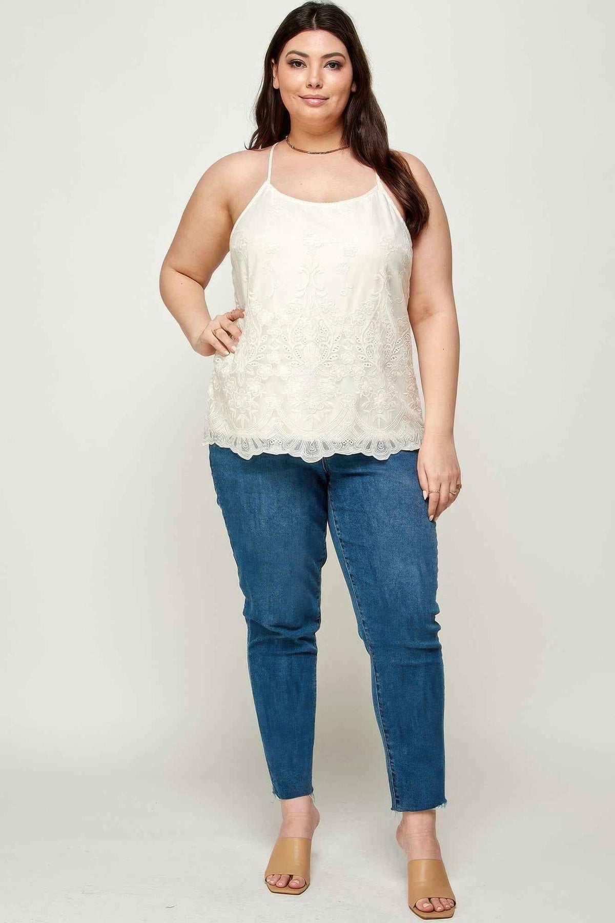 Plus Size Embroidered Mesh T-back Cami