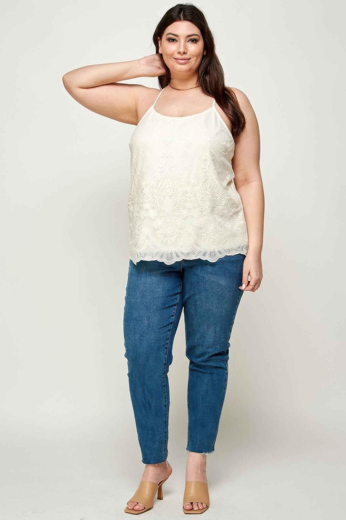 Plus Size Embroidered Mesh T-back Cami