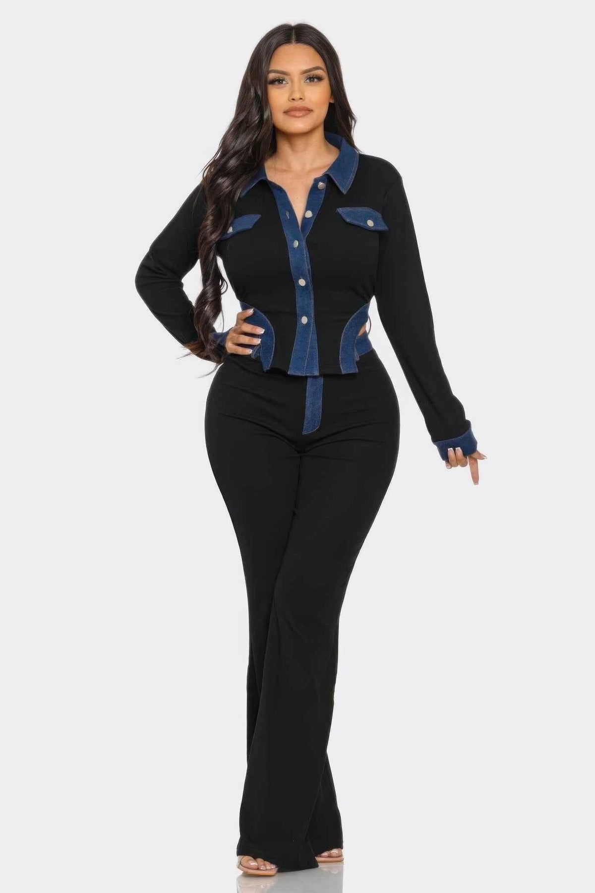 Denim Contrast Pants Set