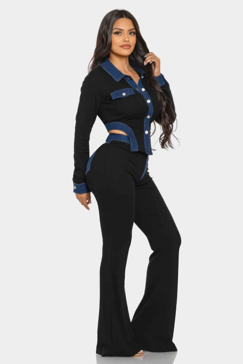 Denim Contrast Pants Set