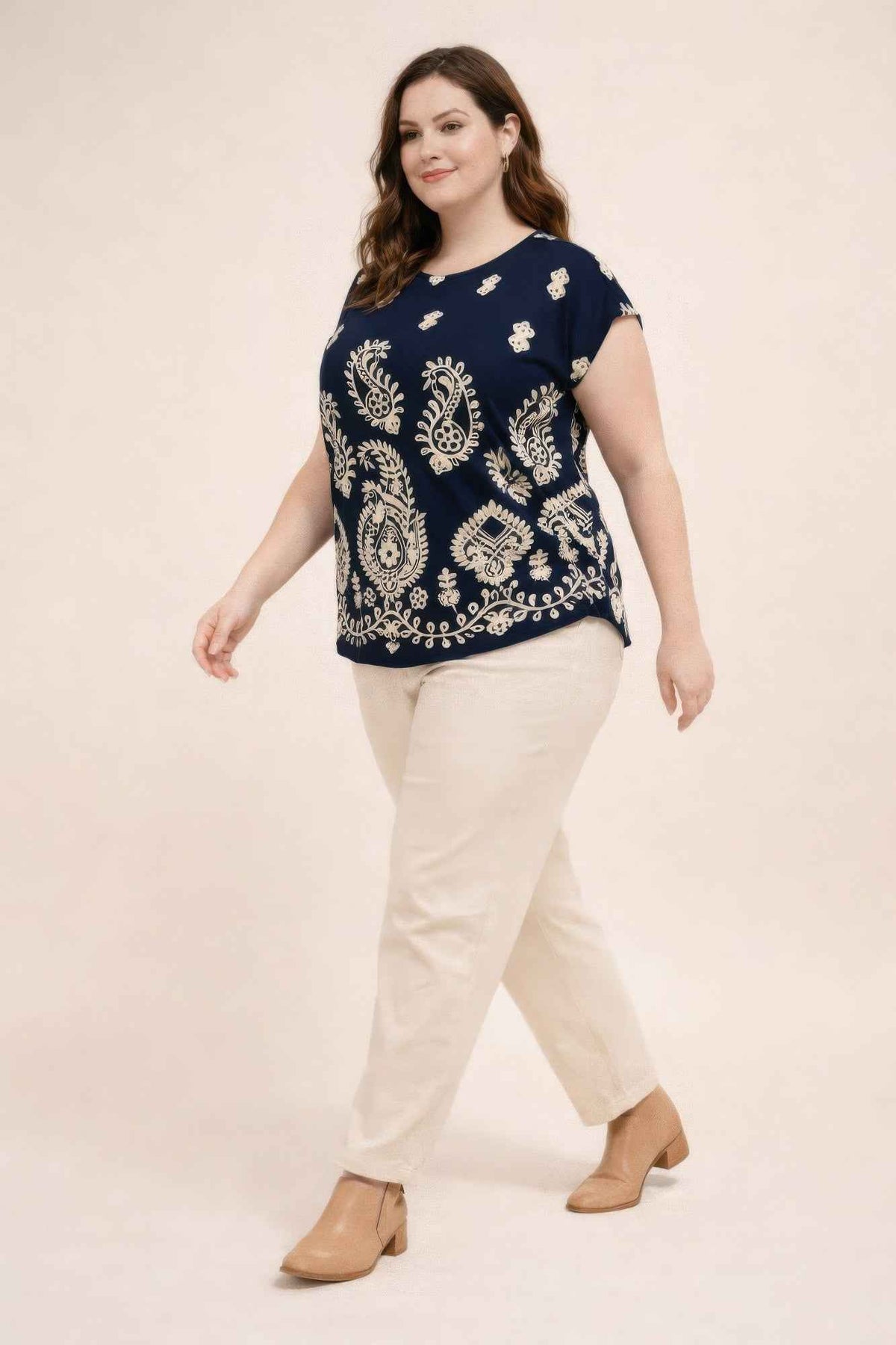 Plus Size Paisley Border Print Button-shoulder Top