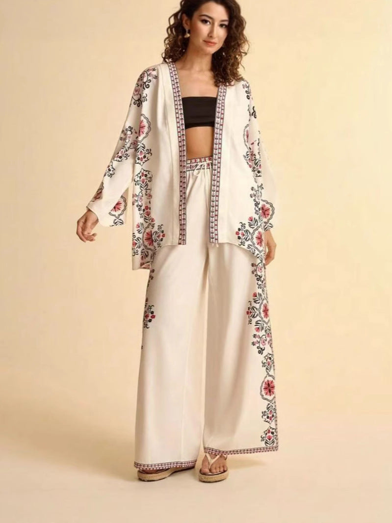 European And American Autum  Loose Cardigan Long-Sleeved Printed Wide-Leg Pants Suit