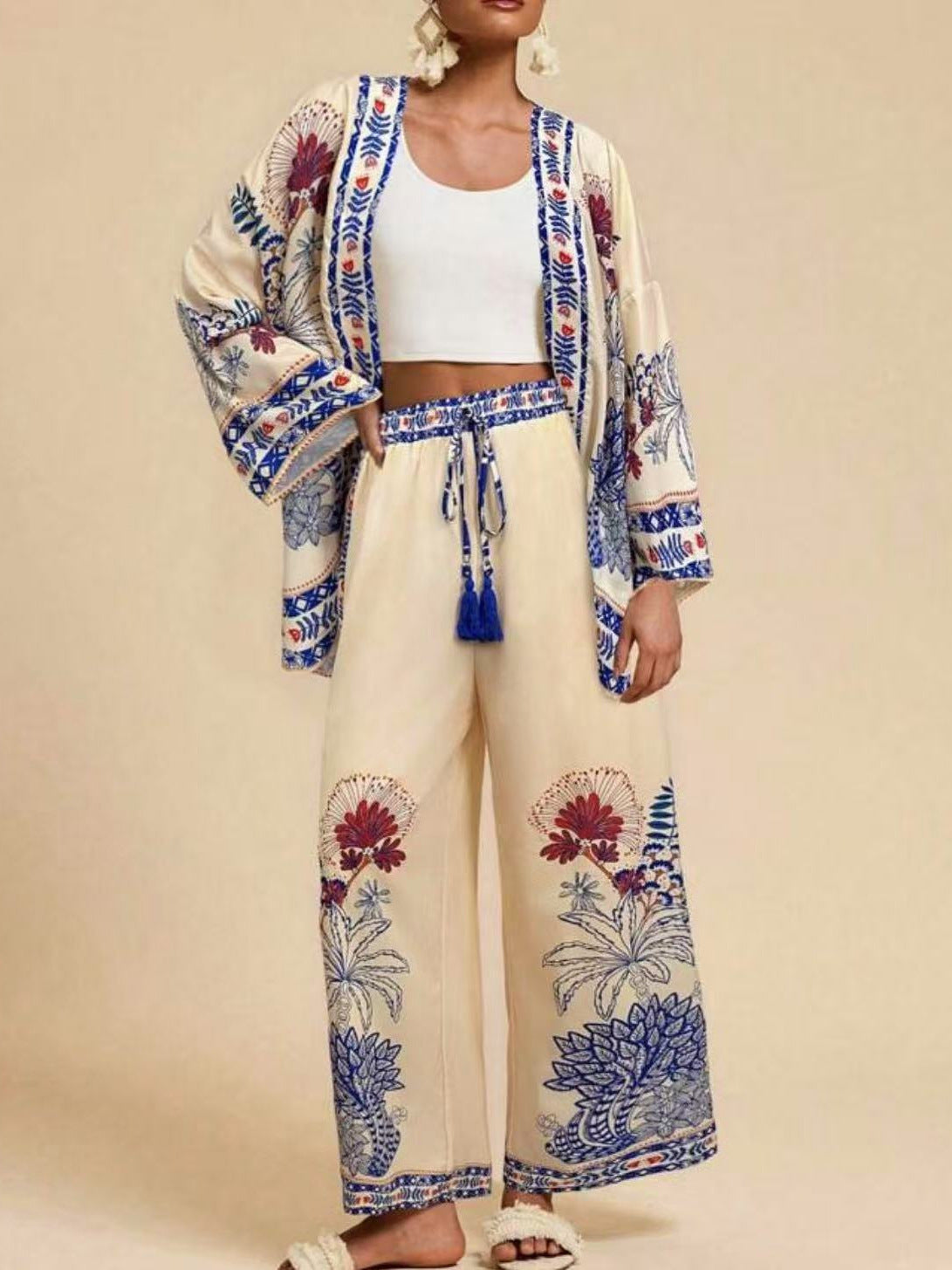 European And American Autum  Loose Cardigan Long-Sleeved Printed Wide-Leg Pants Suit
