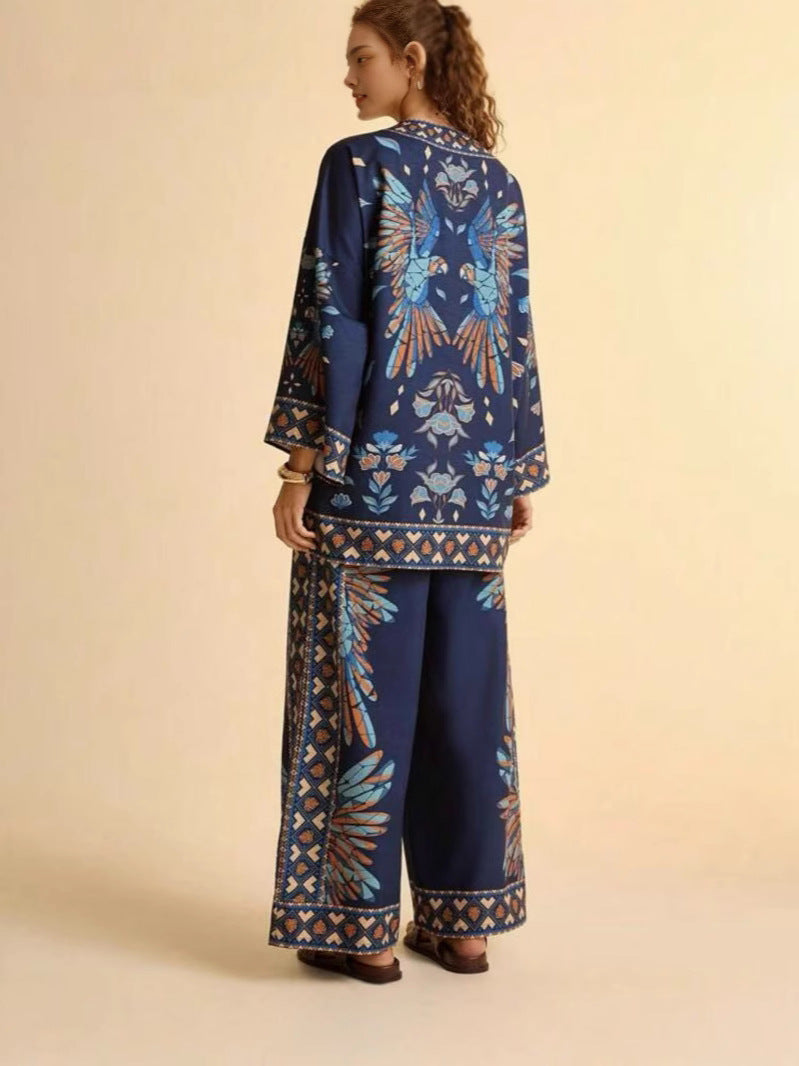 European And American Autum  Loose Cardigan Long-Sleeved Printed Wide-Leg Pants Suit