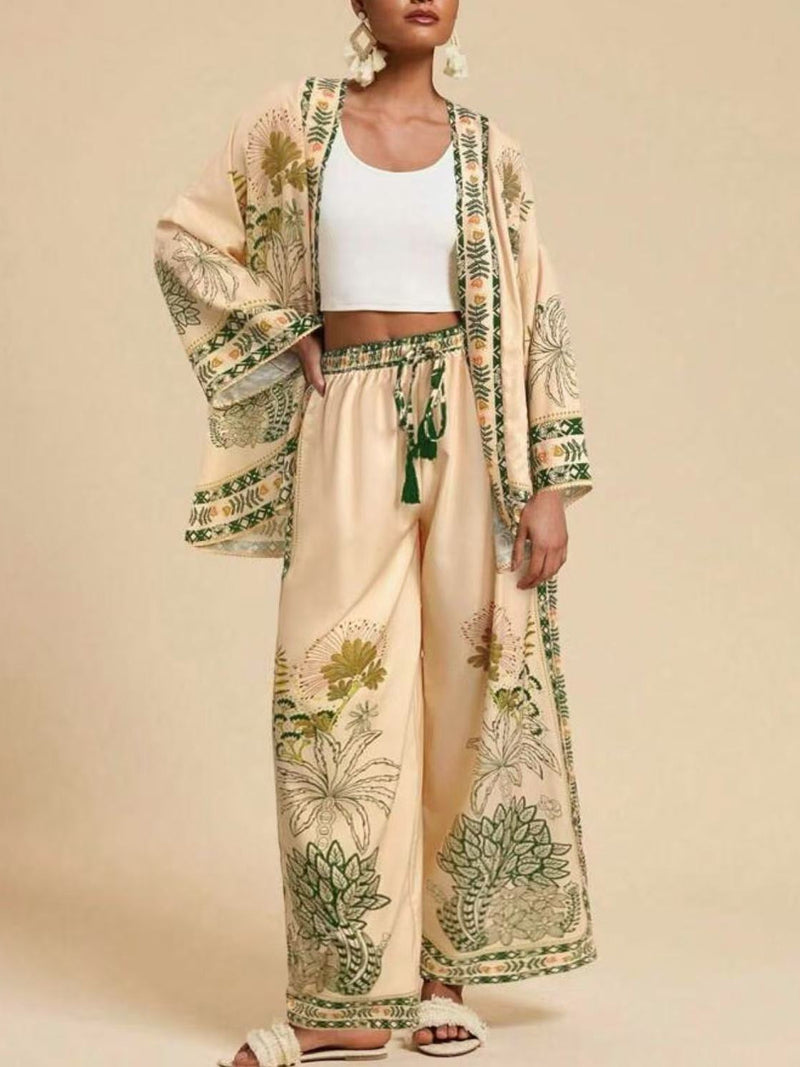 European And American Autum  Loose Cardigan Long-Sleeved Printed Wide-Leg Pants Suit