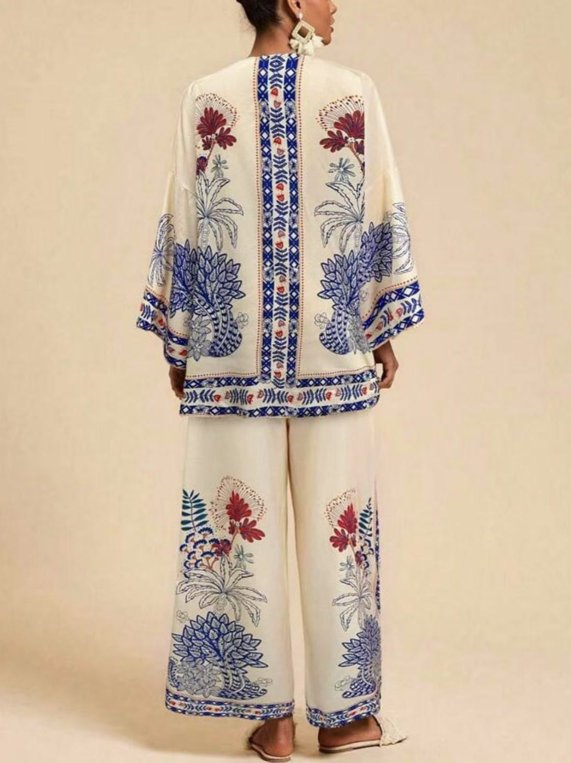 European And American Autum  Loose Cardigan Long-Sleeved Printed Wide-Leg Pants Suit