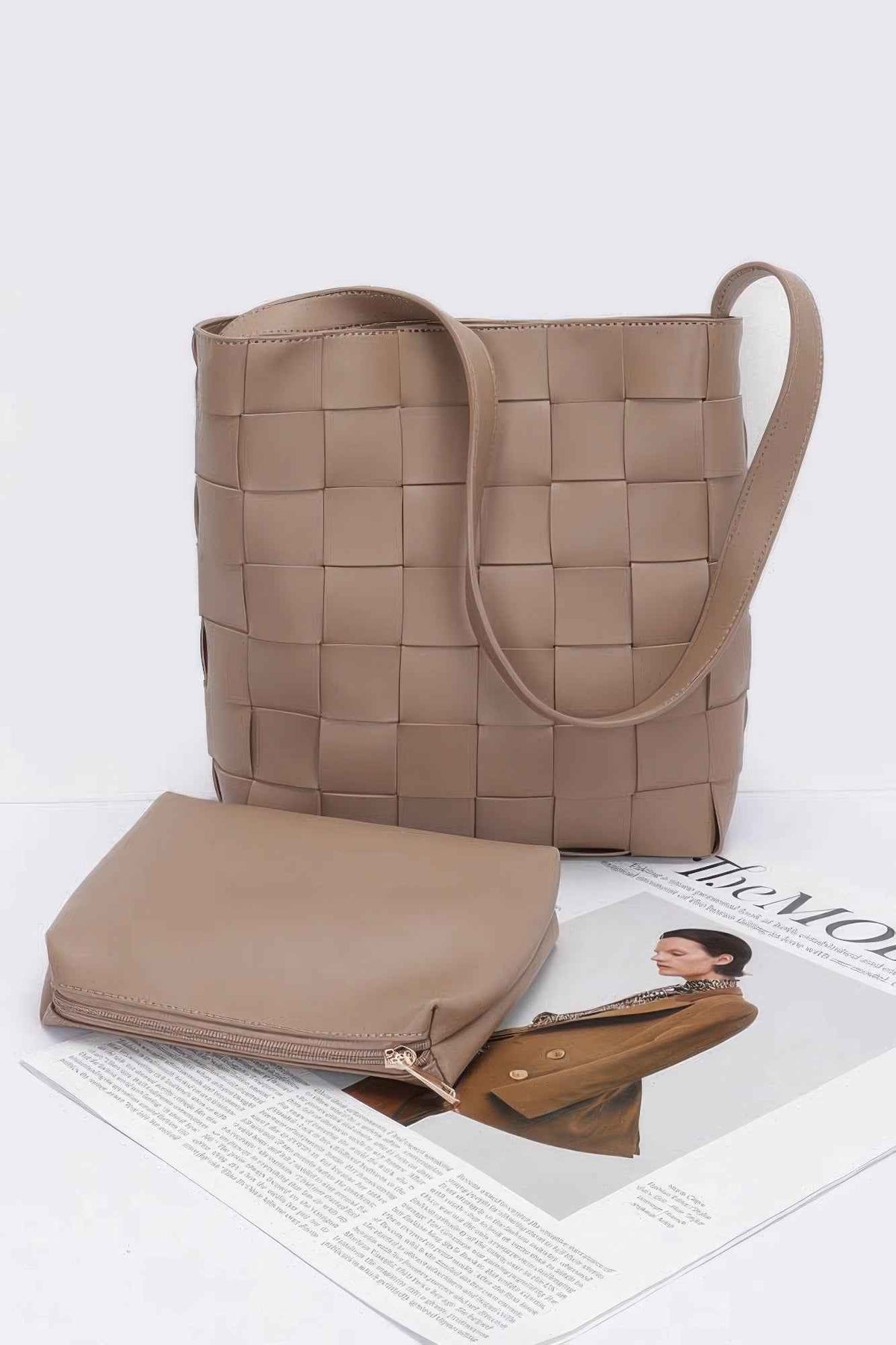 Faux Leather Braided Shoulder Bag W Pouch
