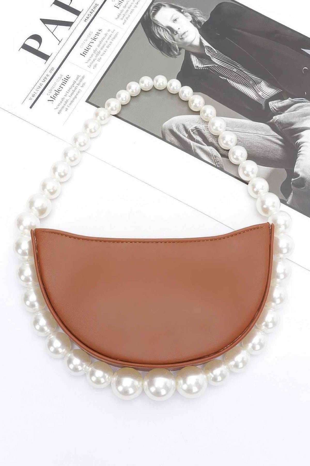 Faux Pearl Handle Half Moon Bag