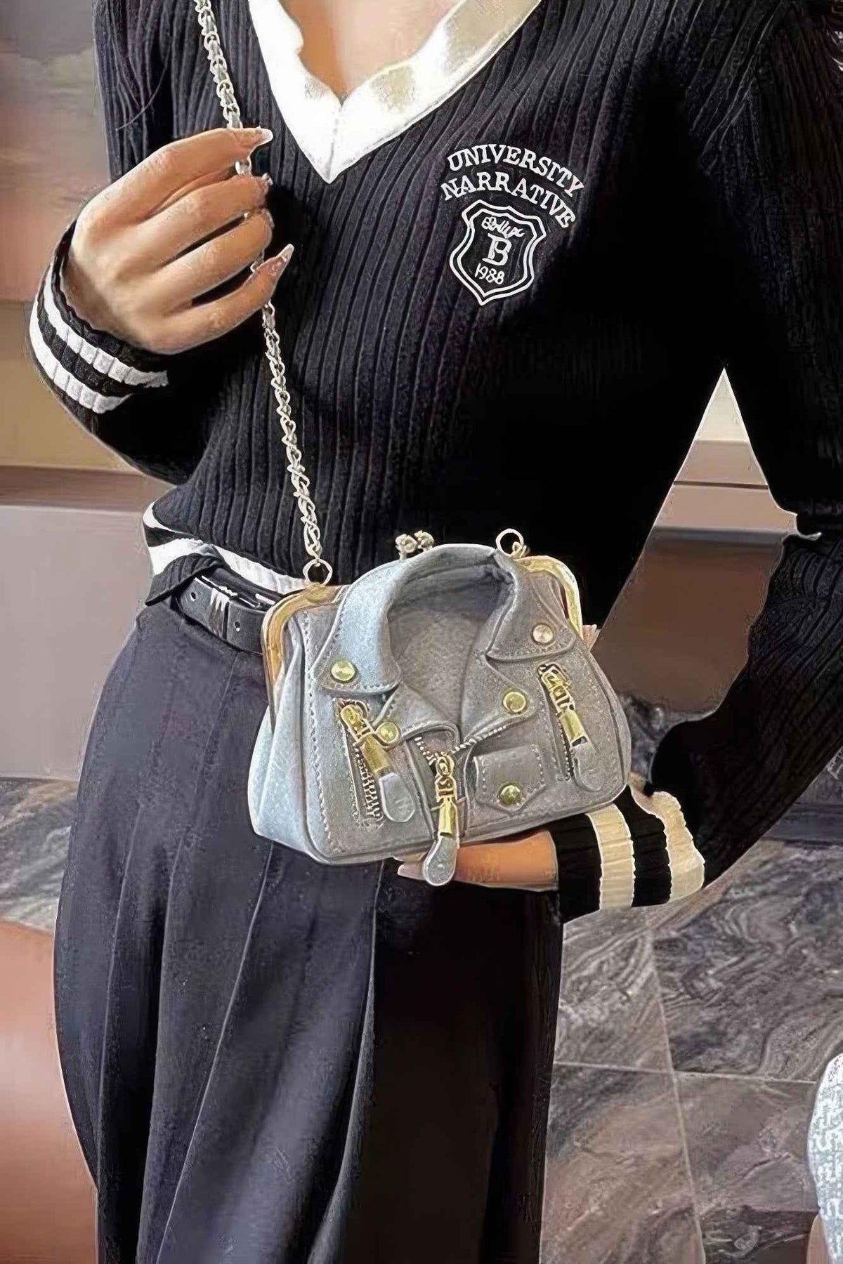 Faux Denim Leather Jacket Style Crossbody Bag