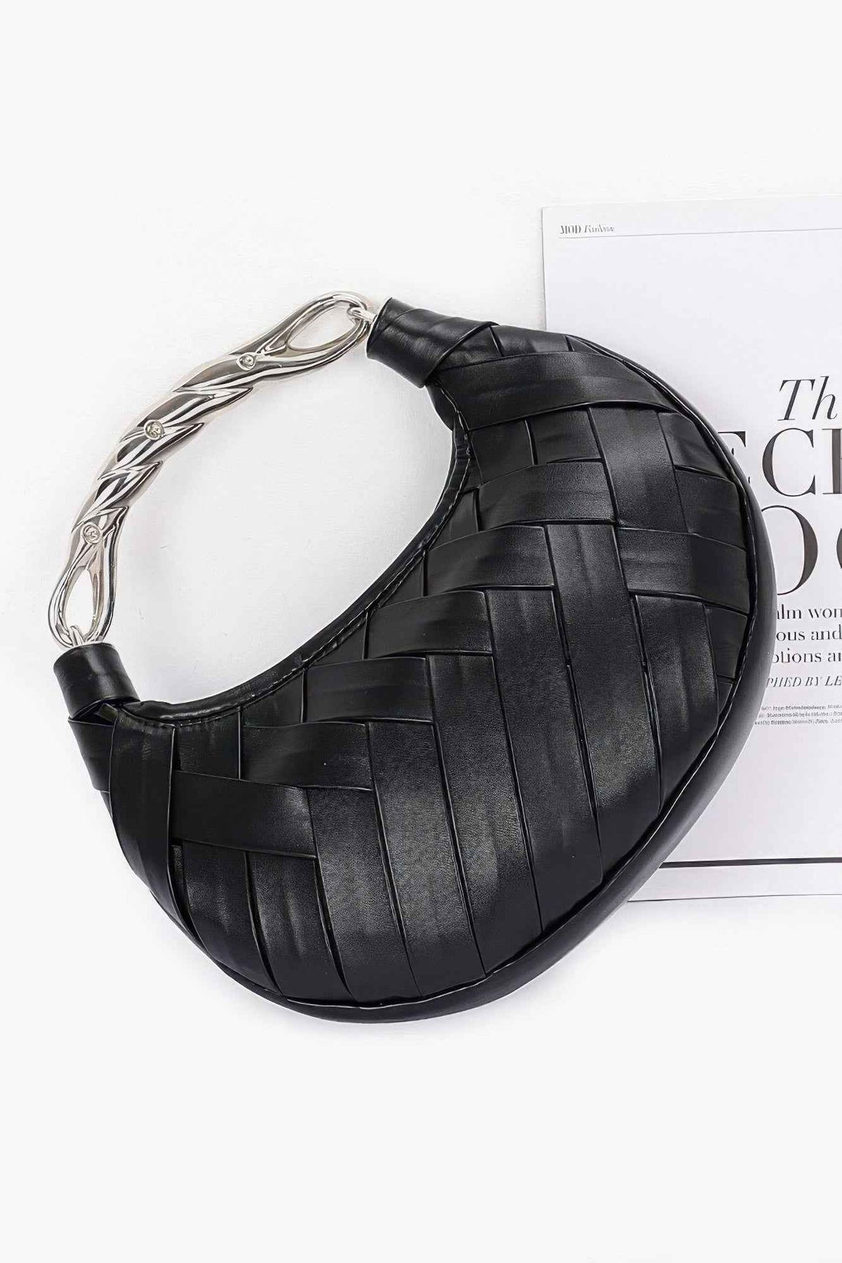 Faux Leather Braided Metal Handle Clutch