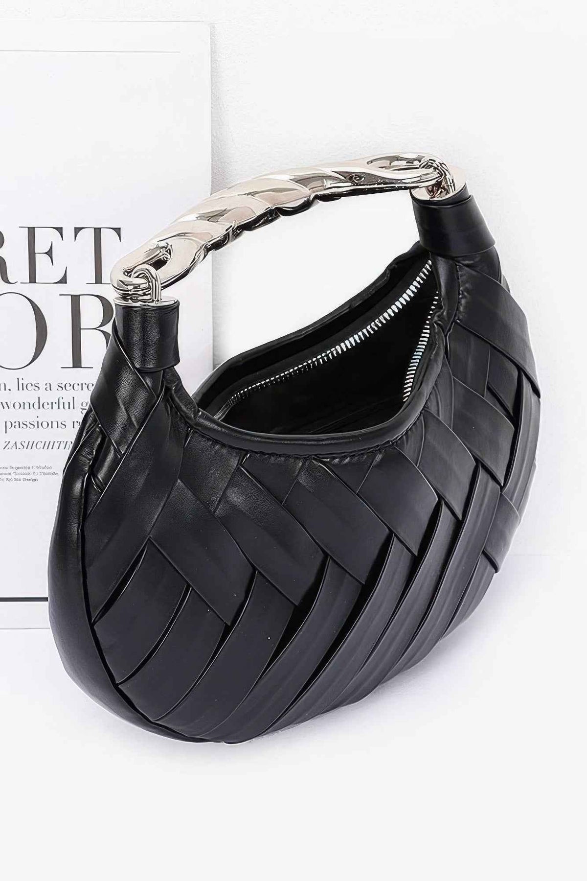 Faux Leather Braided Metal Handle Clutch