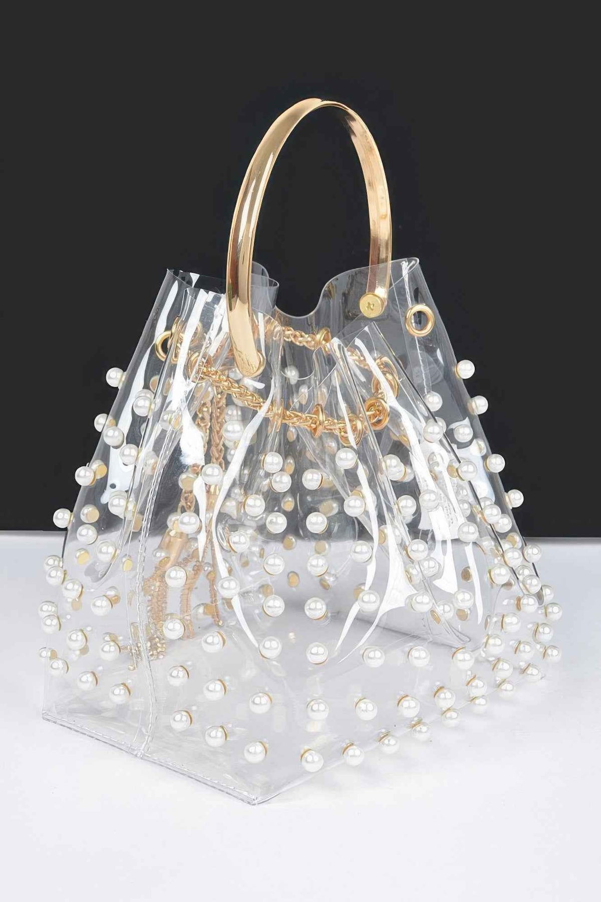 Clear Pearl Stud Bucket Bag W/chain Tassle