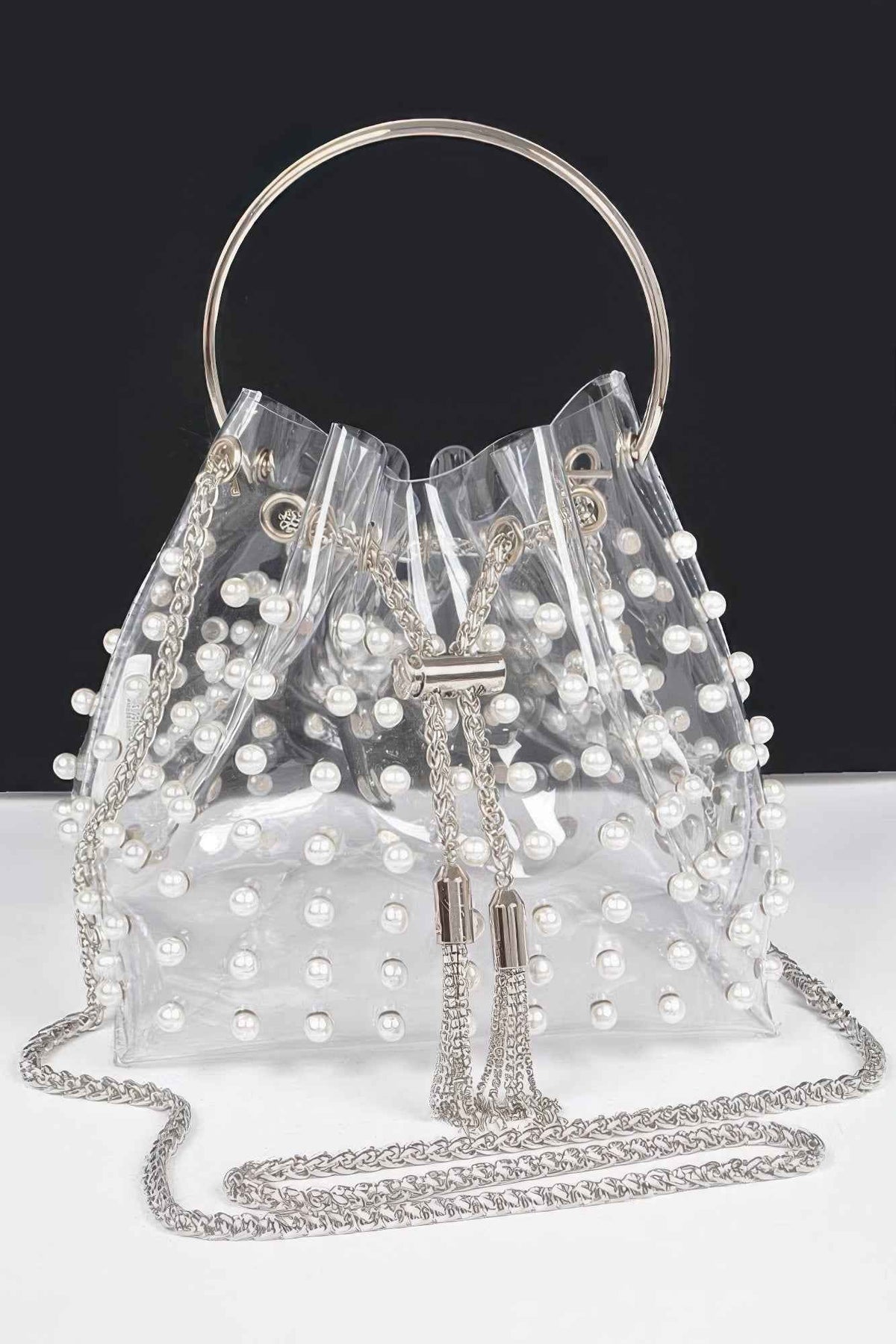 Clear Pearl Stud Bucket Bag W/chain Tassle