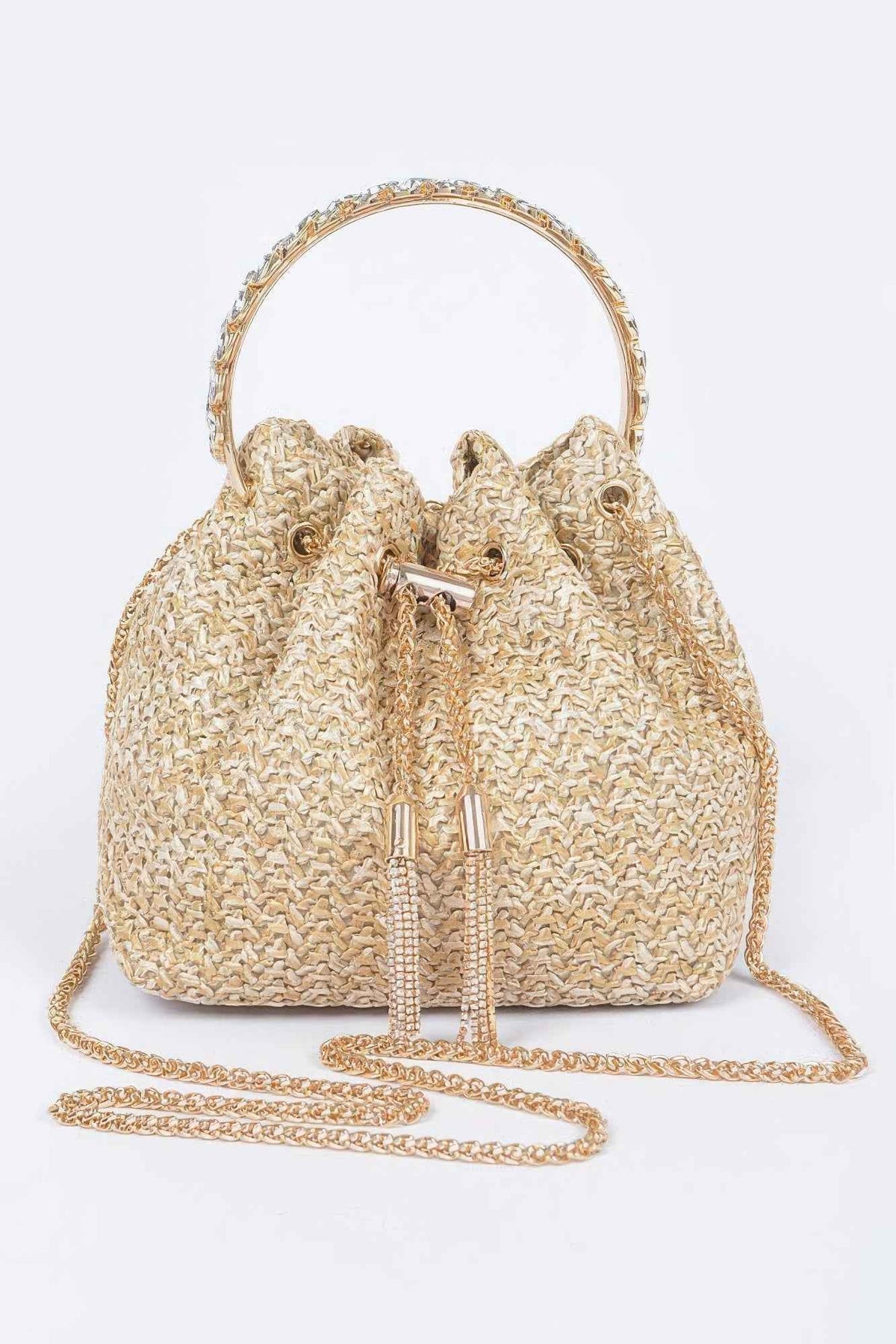 Faux Straw Bucket Bag W/stone Handle