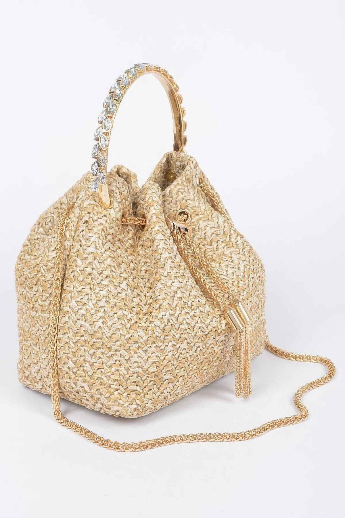 Faux Straw Bucket Bag W/stone Handle