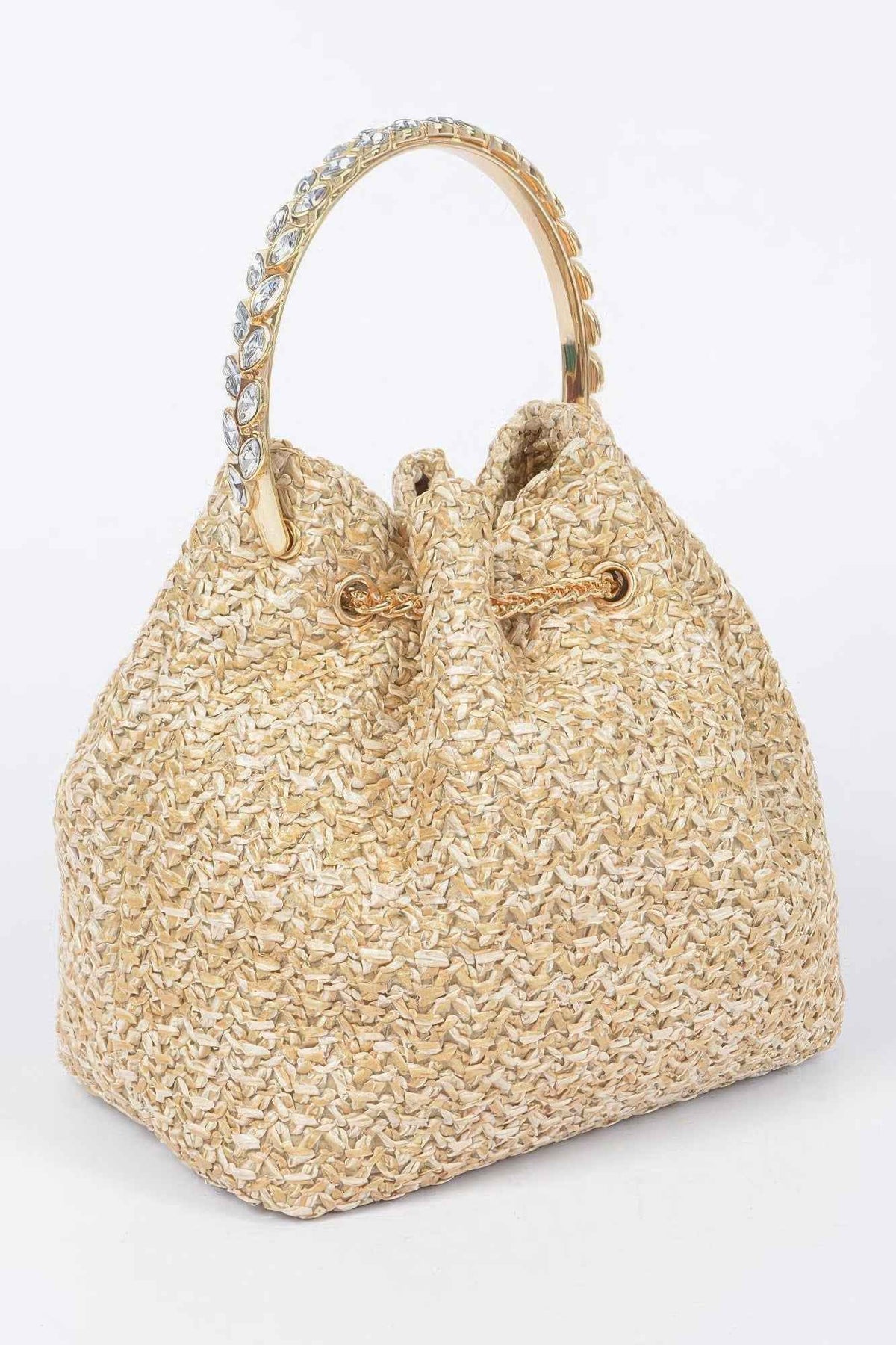 Faux Straw Bucket Bag W/stone Handle