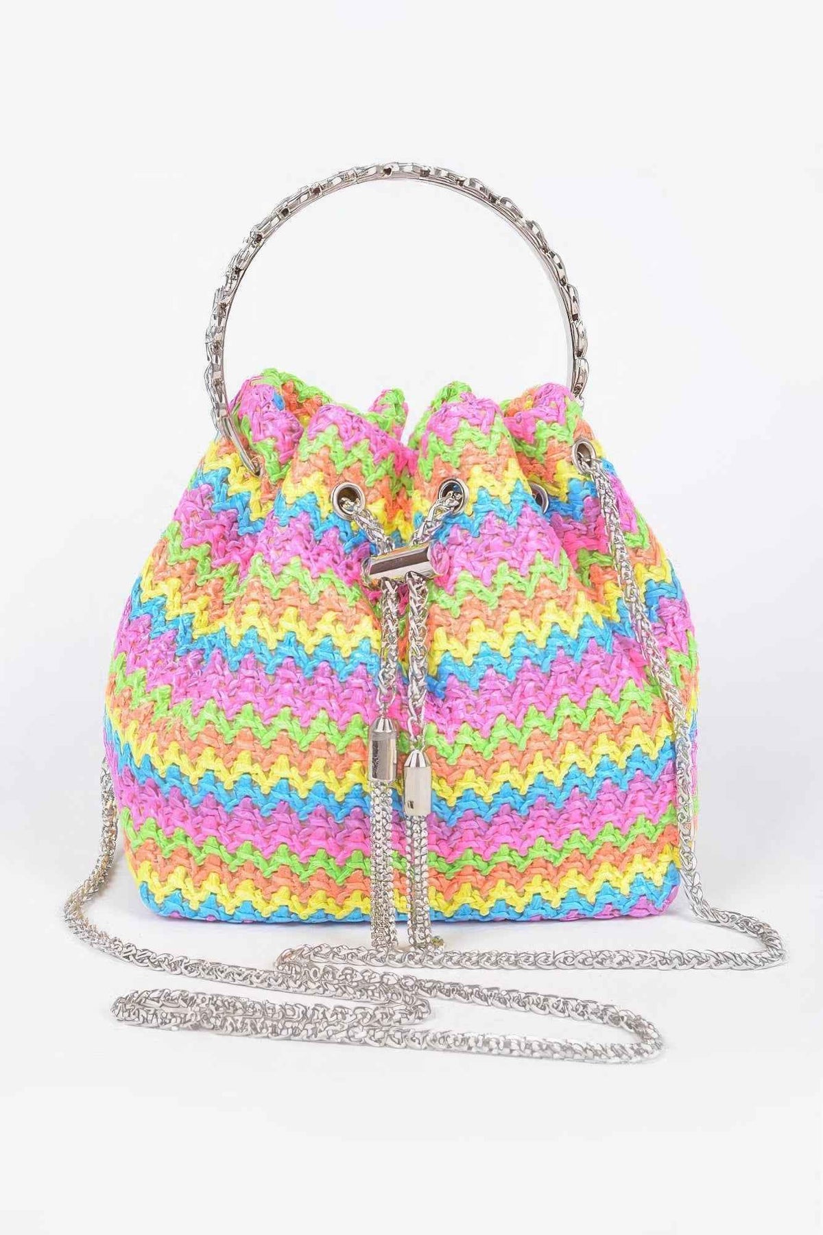 Faux Straw Bucket Bag W/stone Handle