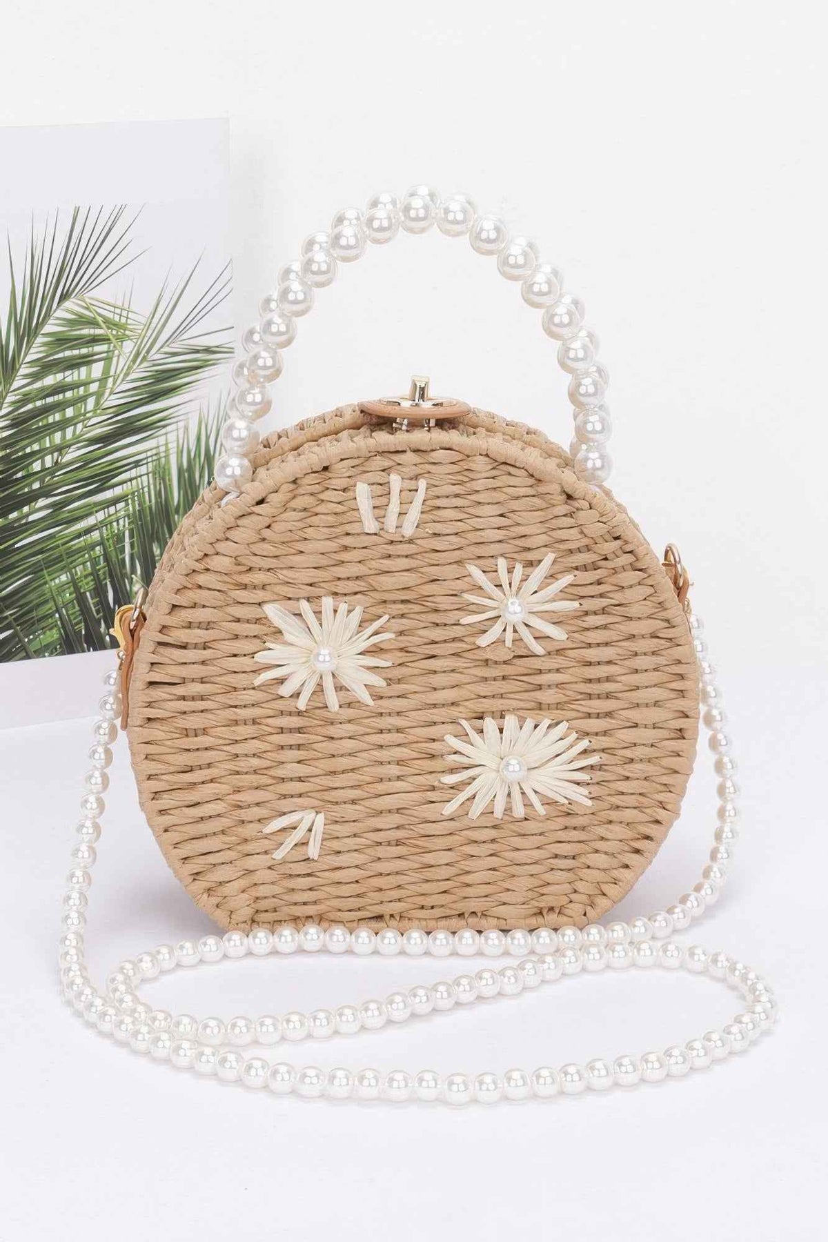 Faux Straw Handmade Clutch W/pearl Handle