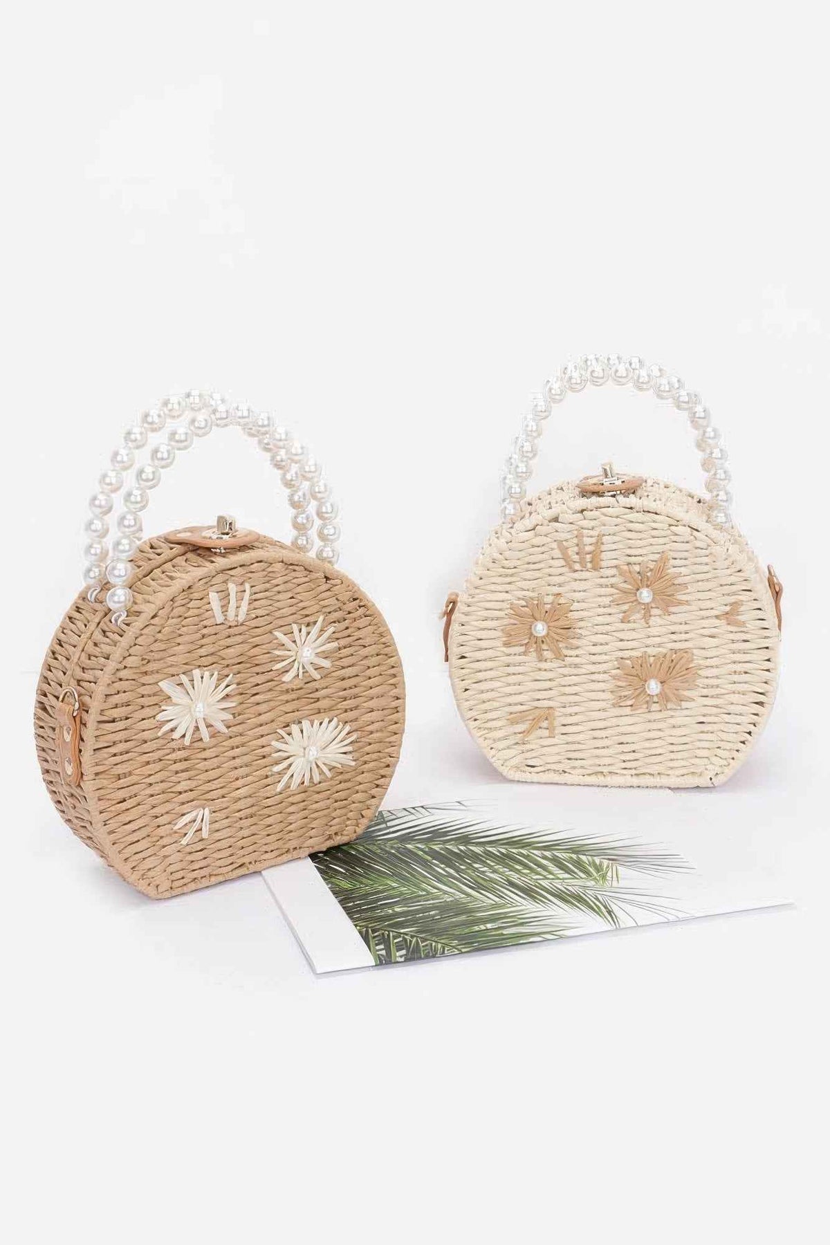 Faux Straw Handmade Clutch W/pearl Handle