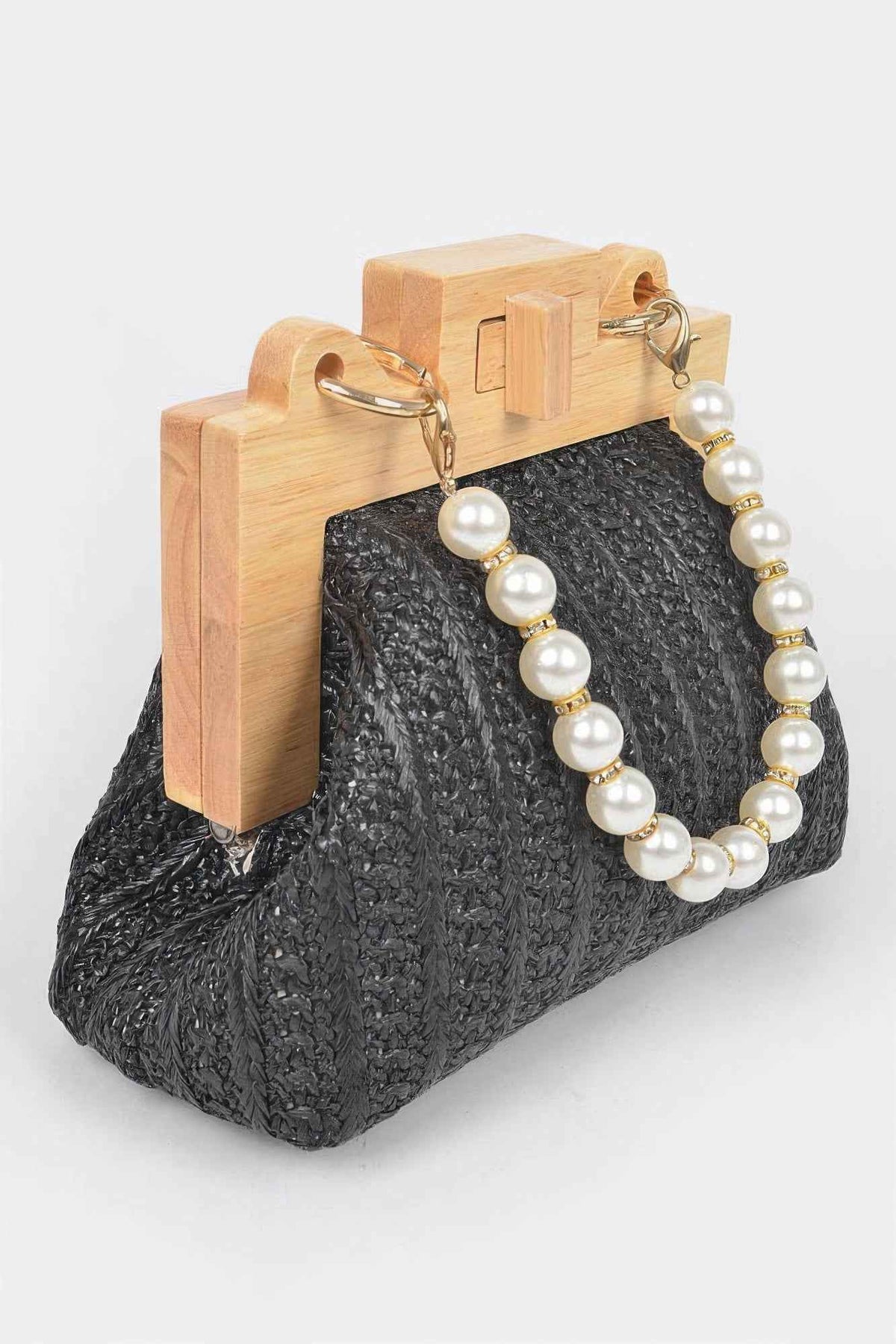 Faux Straw Wood Frame Clutch W/ Faux Pearl Chain