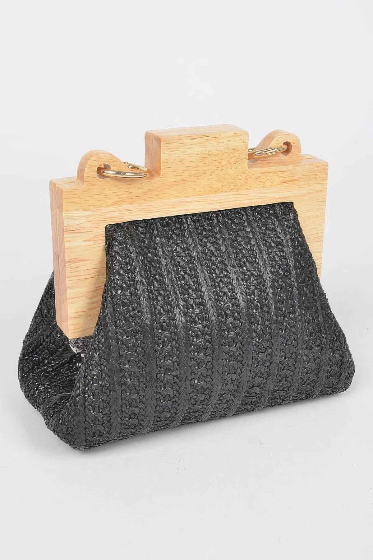 Faux Straw Wood Frame Clutch W/ Faux Pearl Chain