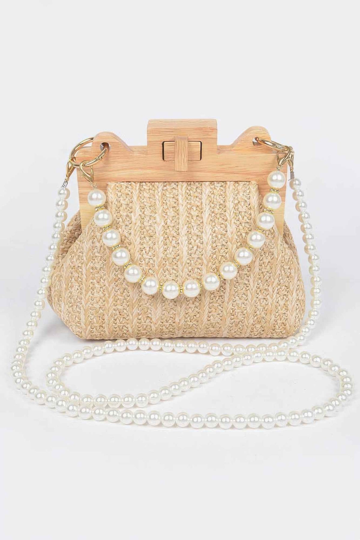 Faux Straw Wood Frame Clutch W/ Faux Pearl Chain