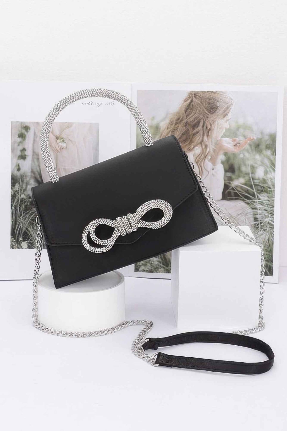 Rhinestone Ribbon Handle Flap Bag
