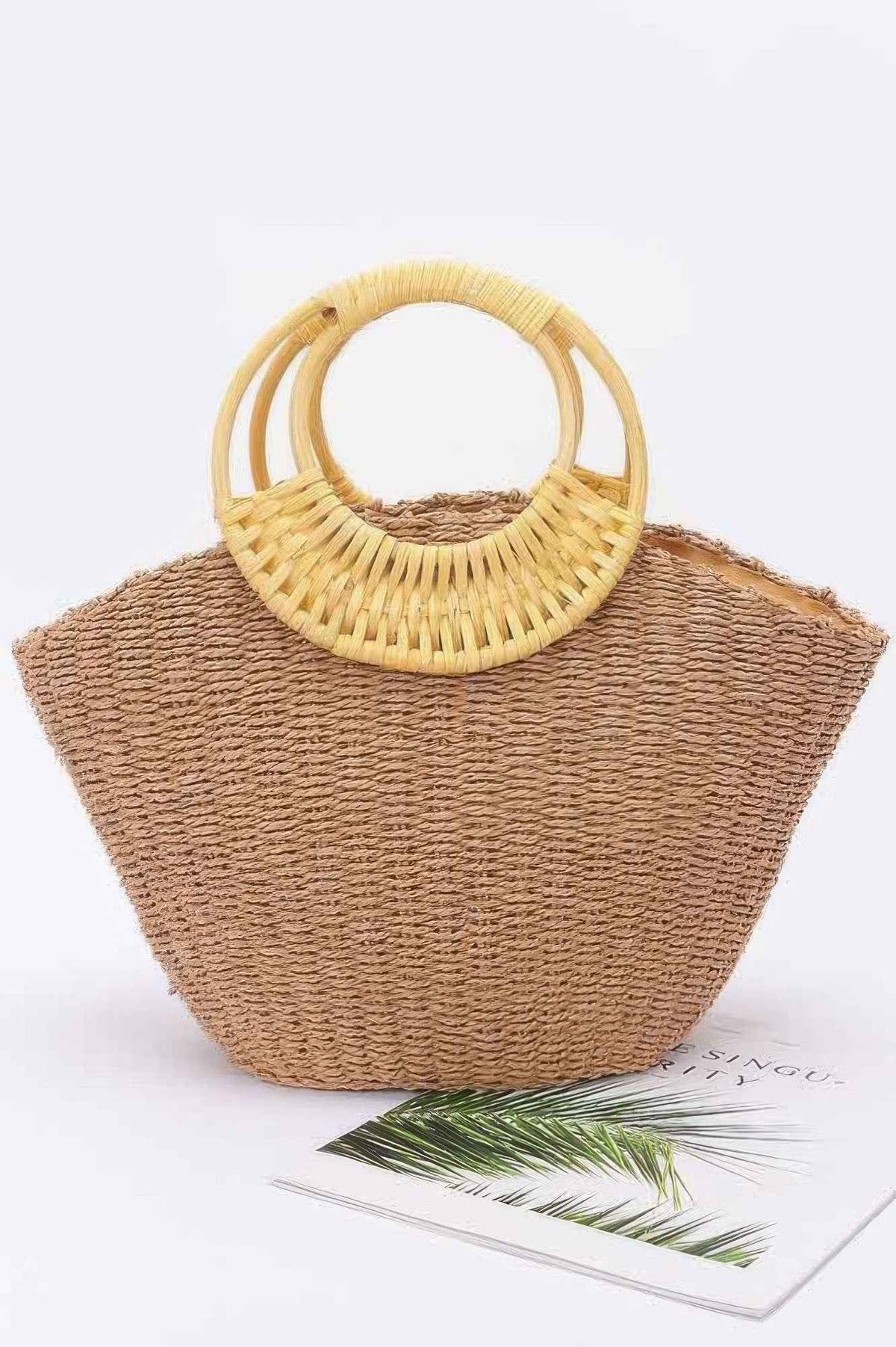 Faux Straw Bamboo Handle Tote Bag
