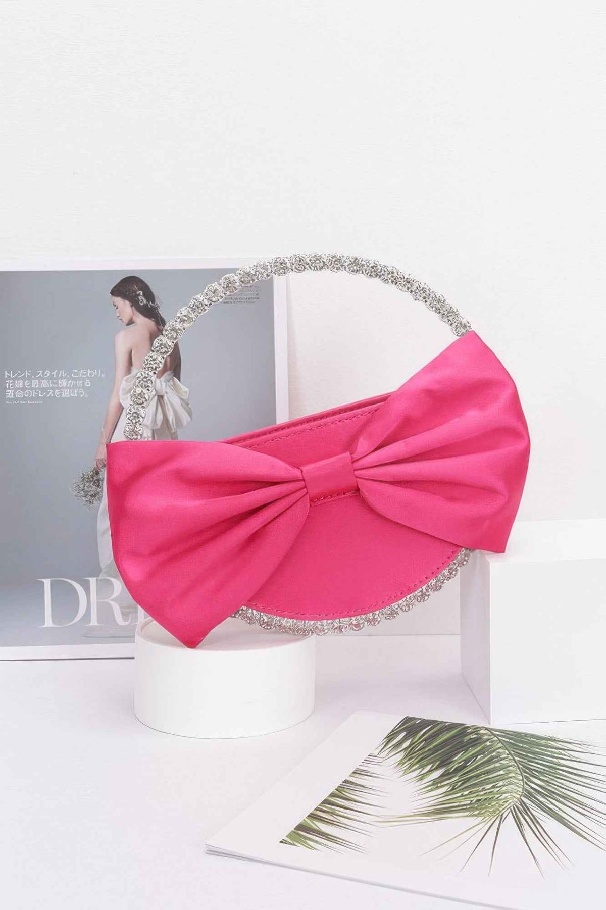 Satin Ribbon Round Rhinestone Metal Clutch
