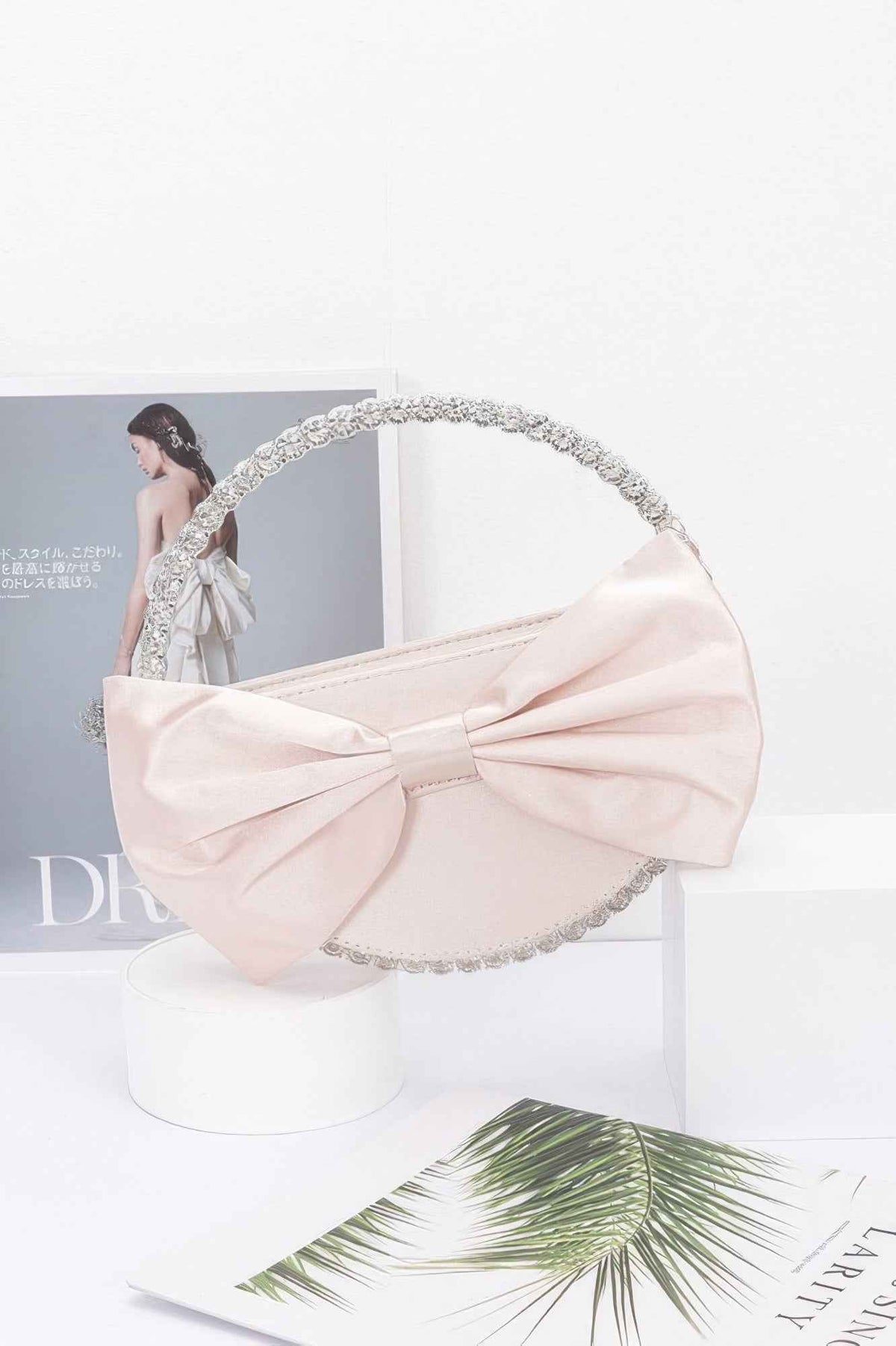Satin Ribbon Round Rhinestone Metal Clutch