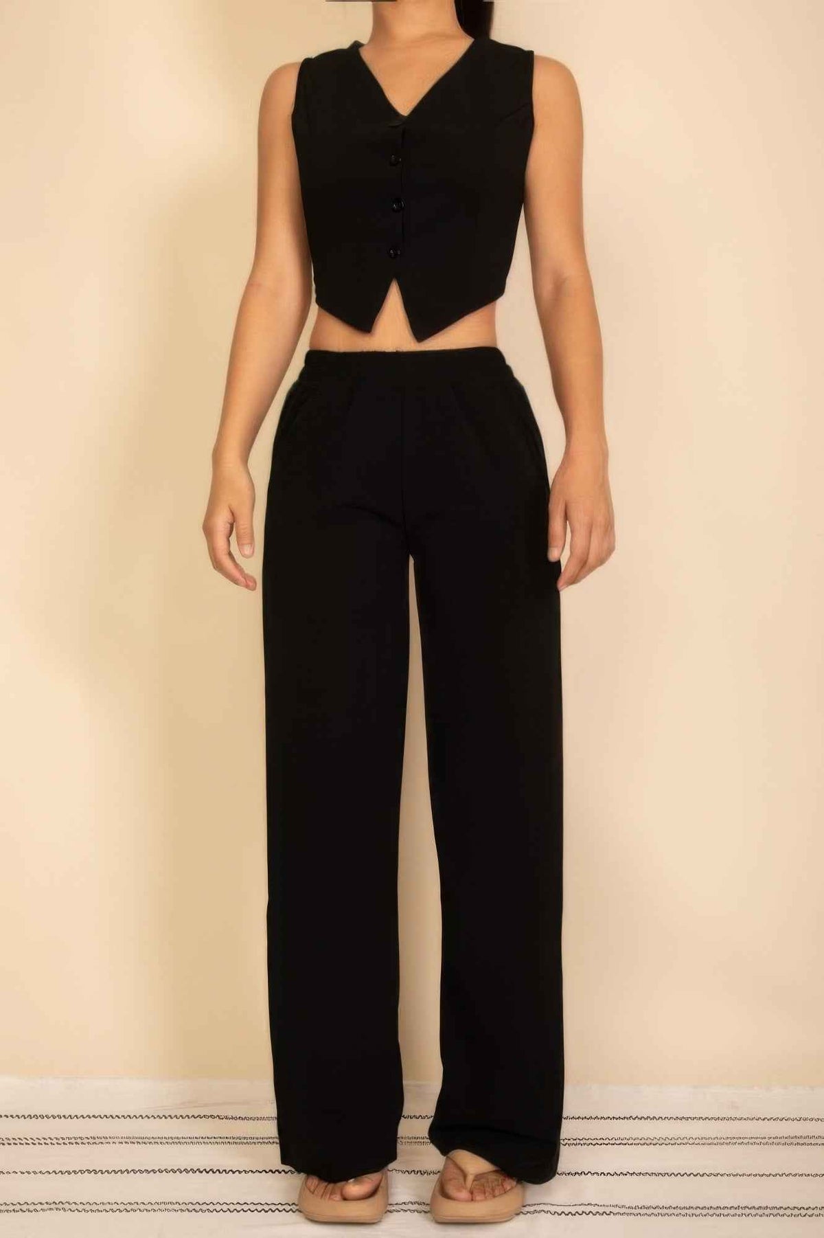 Tailored Button Vest With Adjustable Back Tie & Wide Leg Pants Set