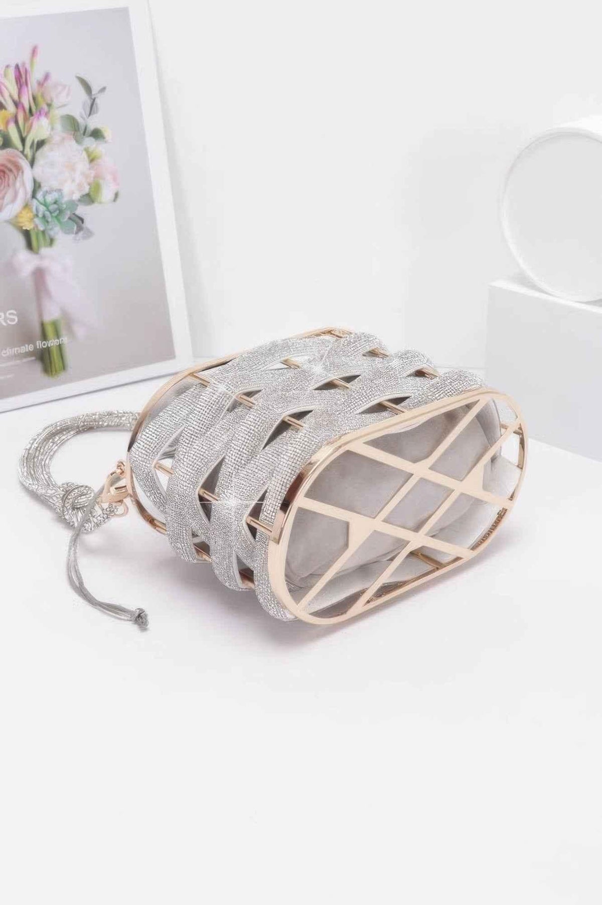 Rhinestone Braided Metal Bucket Bag
