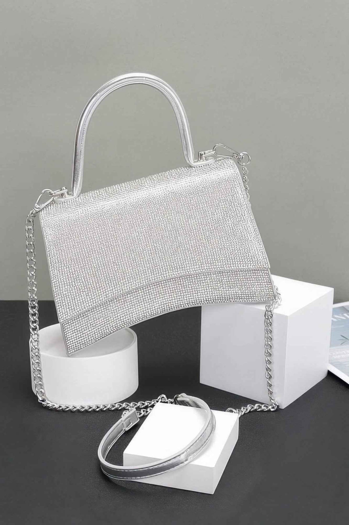 Rhinestone Top Handle Flap Bag