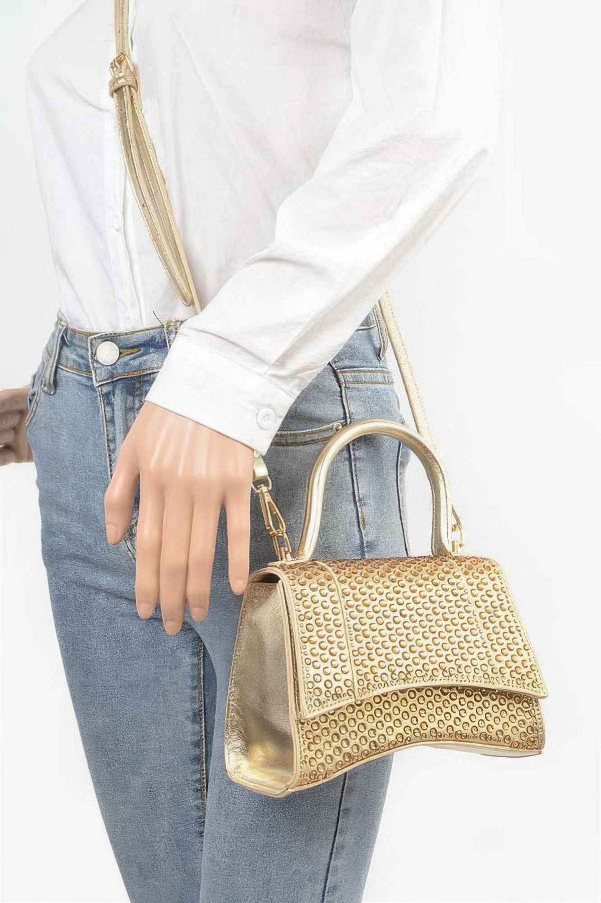 Metallic Rhinestone Hotfix Top Handle Flap Bag