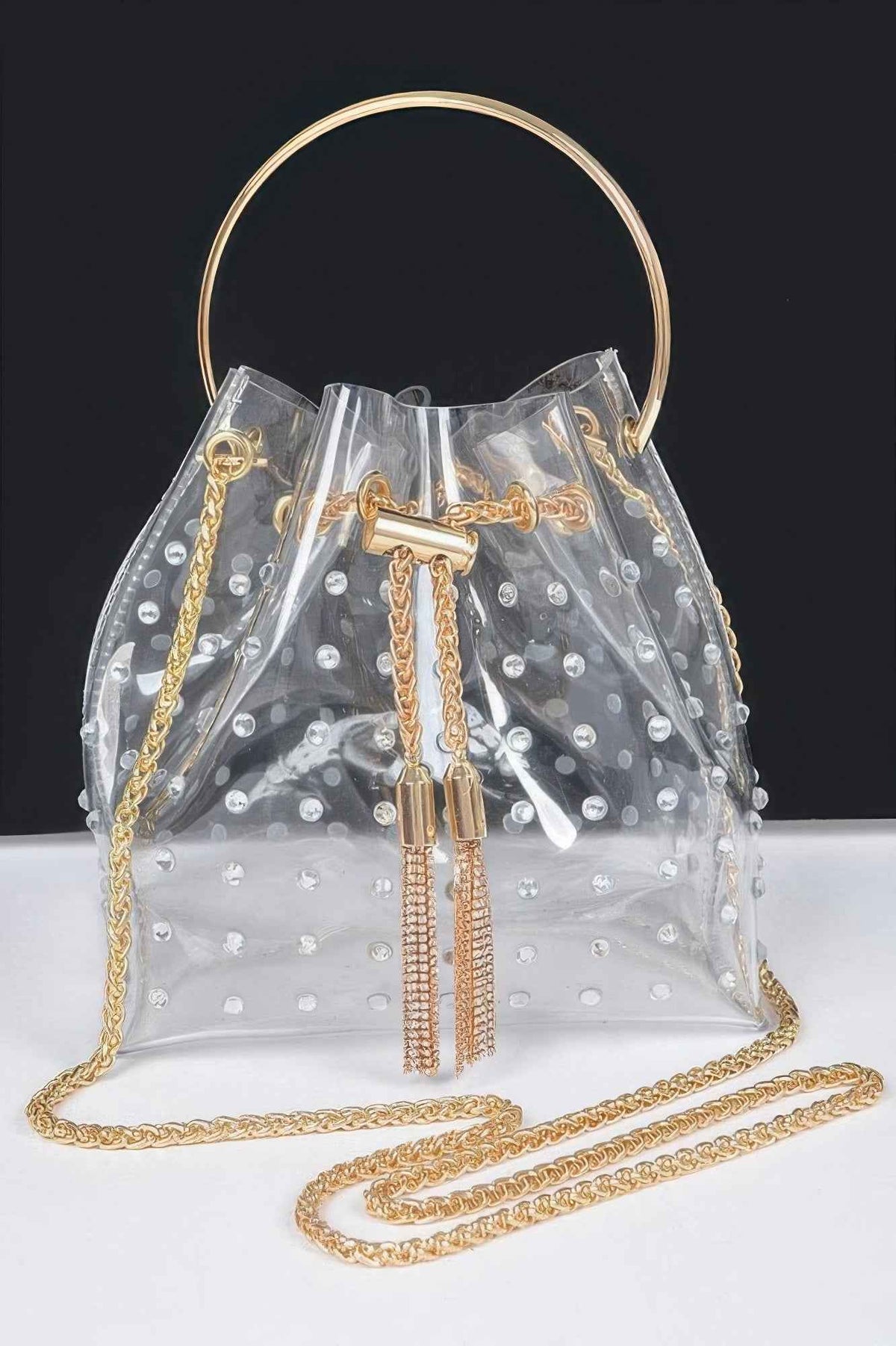 Faux Pearl Studded Bucket Bag W/metal Handle