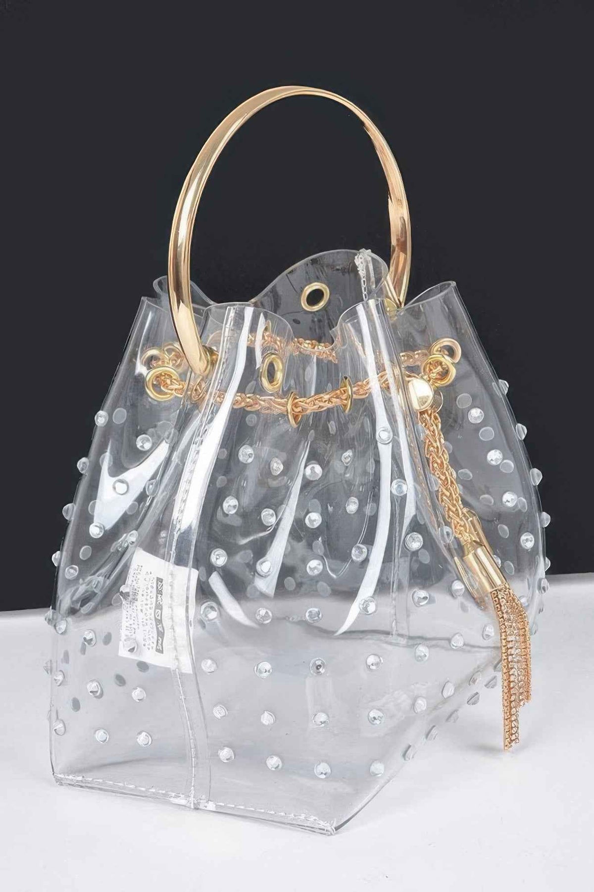 Faux Pearl Studded Bucket Bag W/metal Handle