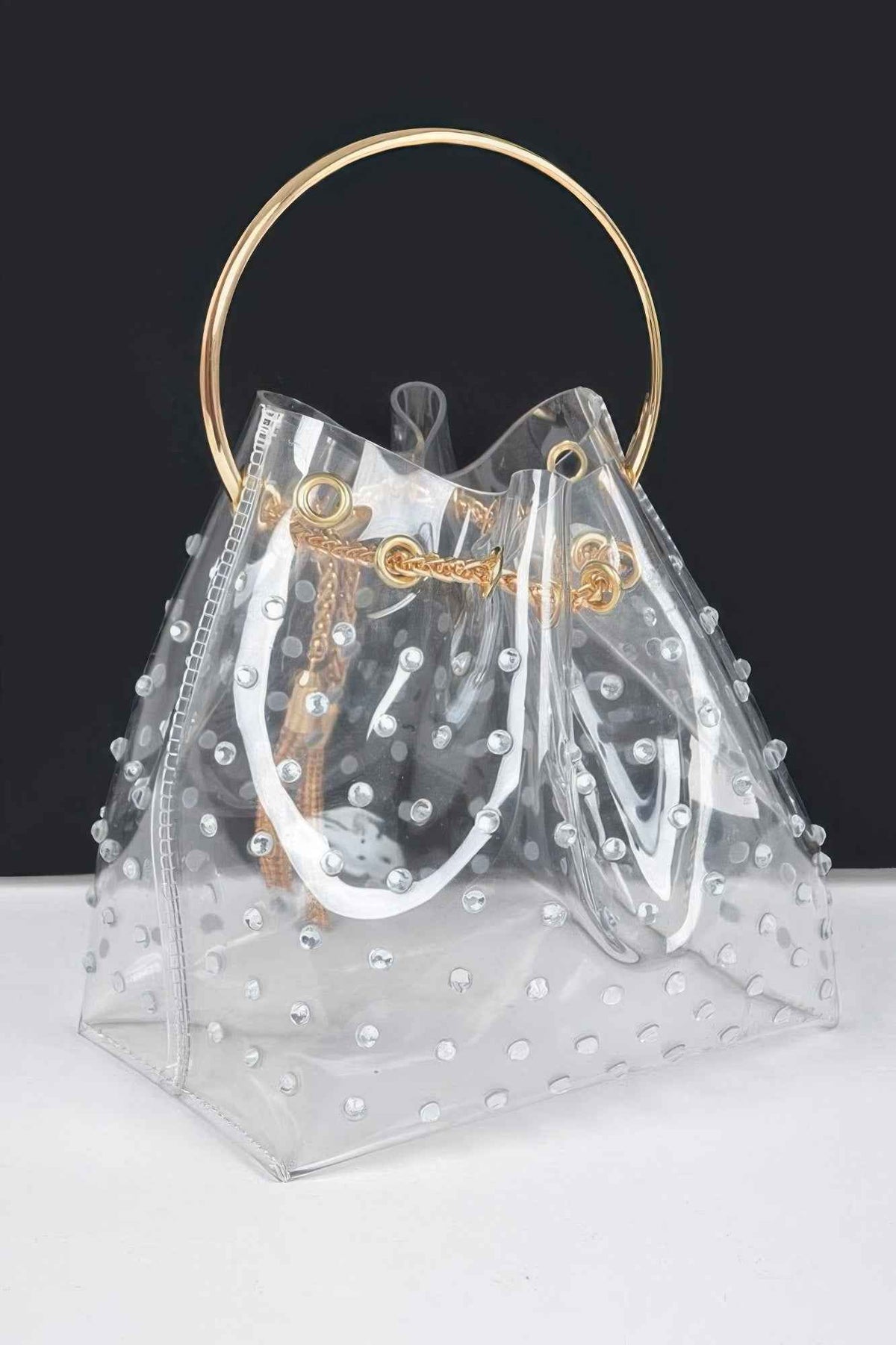 Faux Pearl Studded Bucket Bag W/metal Handle