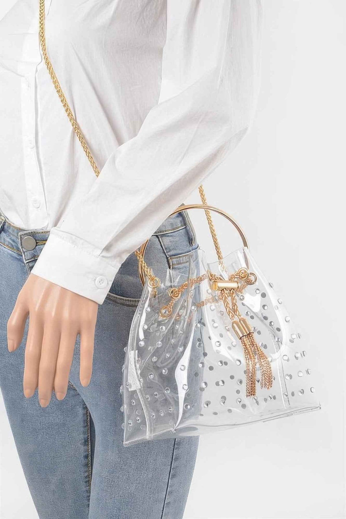 Faux Pearl Studded Bucket Bag W/metal Handle