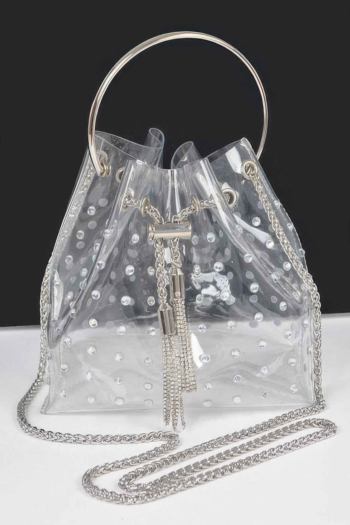 Faux Pearl Studded Bucket Bag W/metal Handle