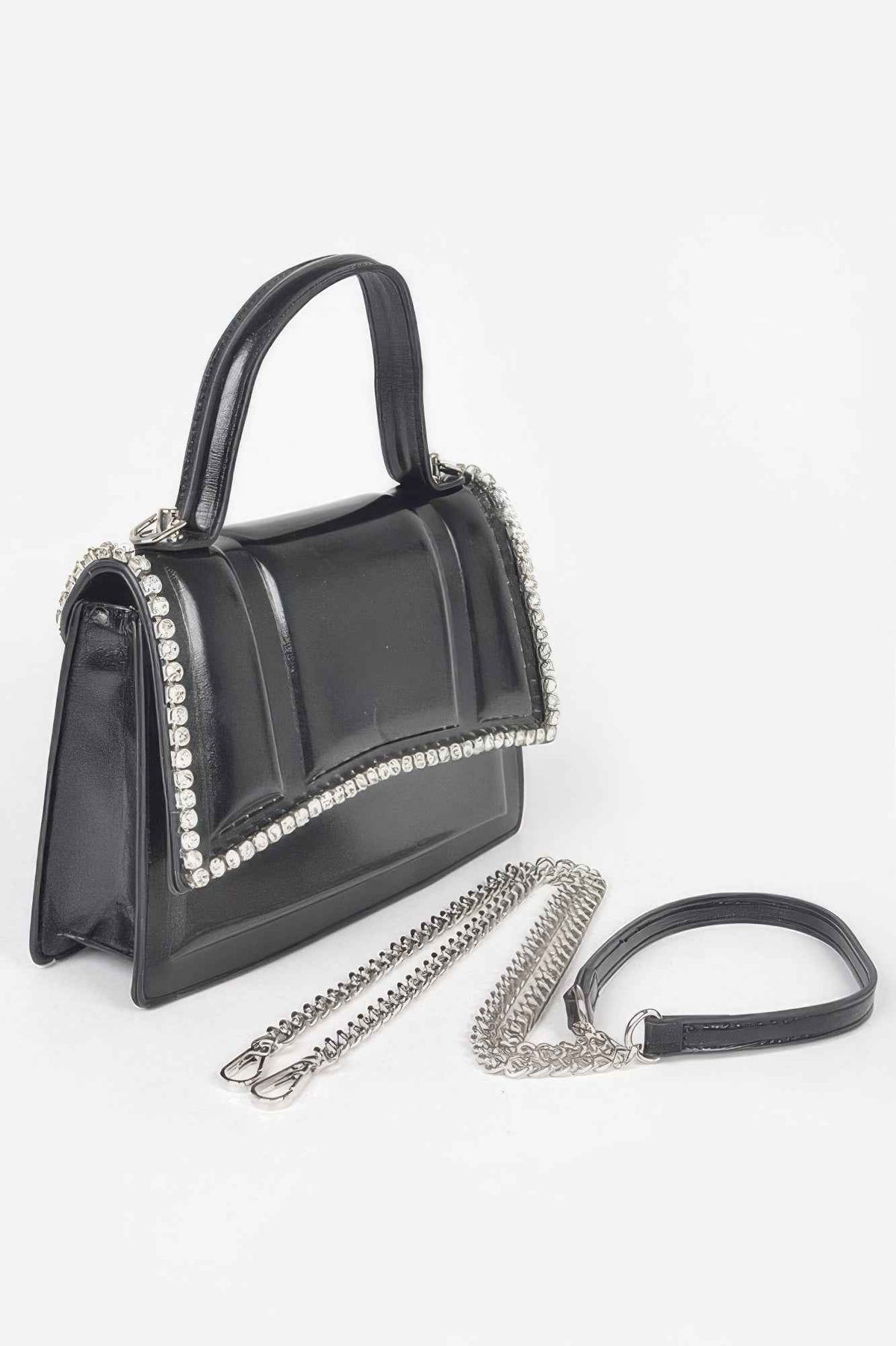 Faux Metallic Leather Top Handle Bag/w Stones
