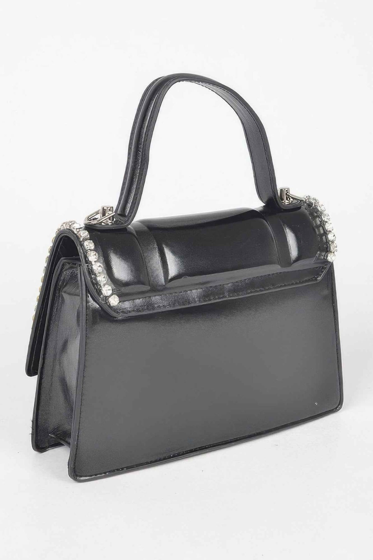 Faux Metallic Leather Top Handle Bag/w Stones