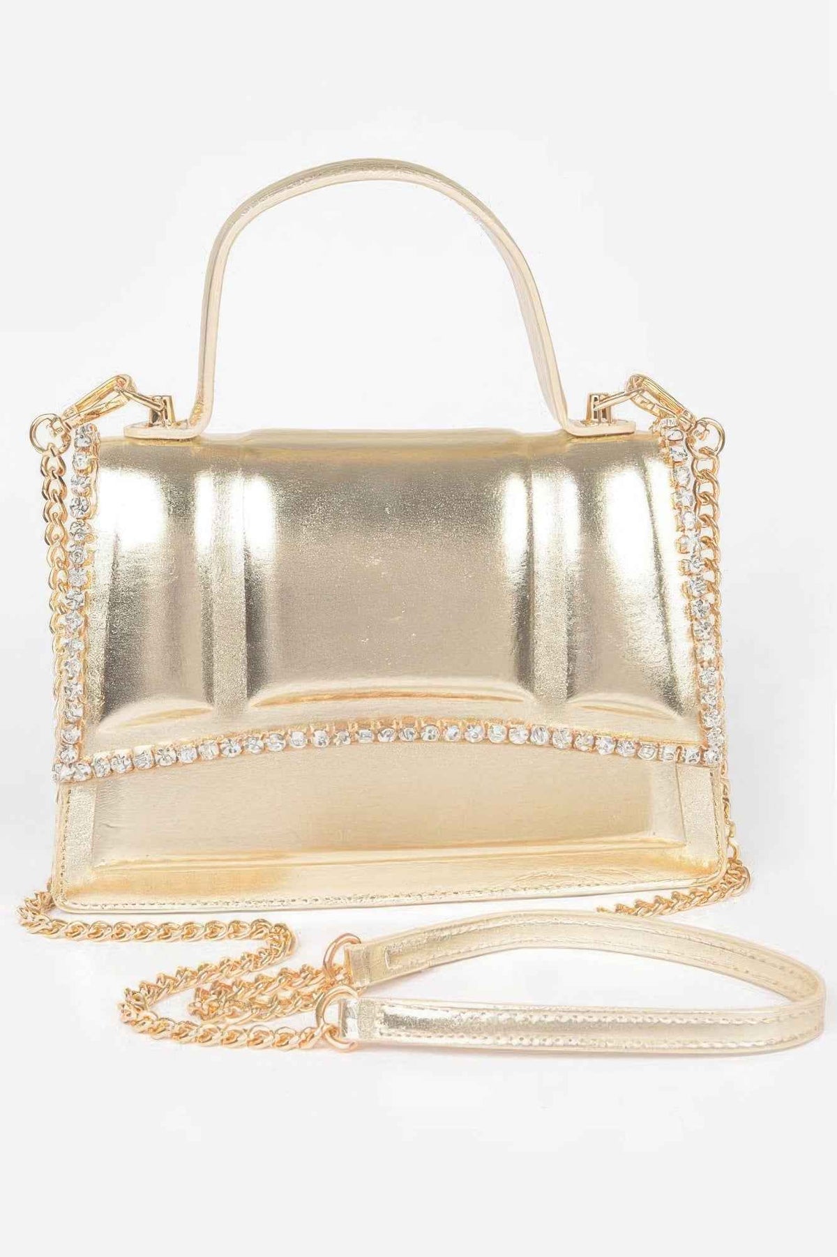 Faux Metallic Leather Top Handle Bag/w Stones