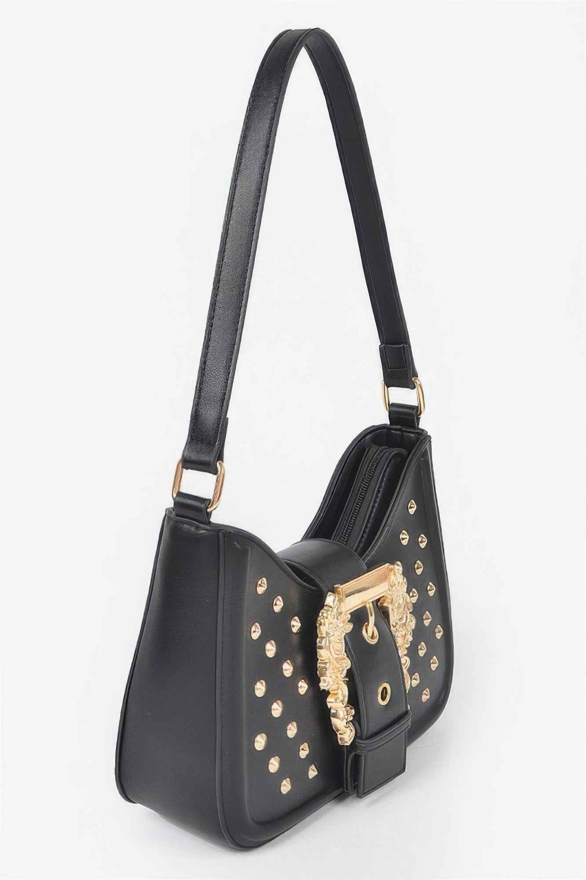 Faux Leather Studded Metal Buckle Shoulder Bag
