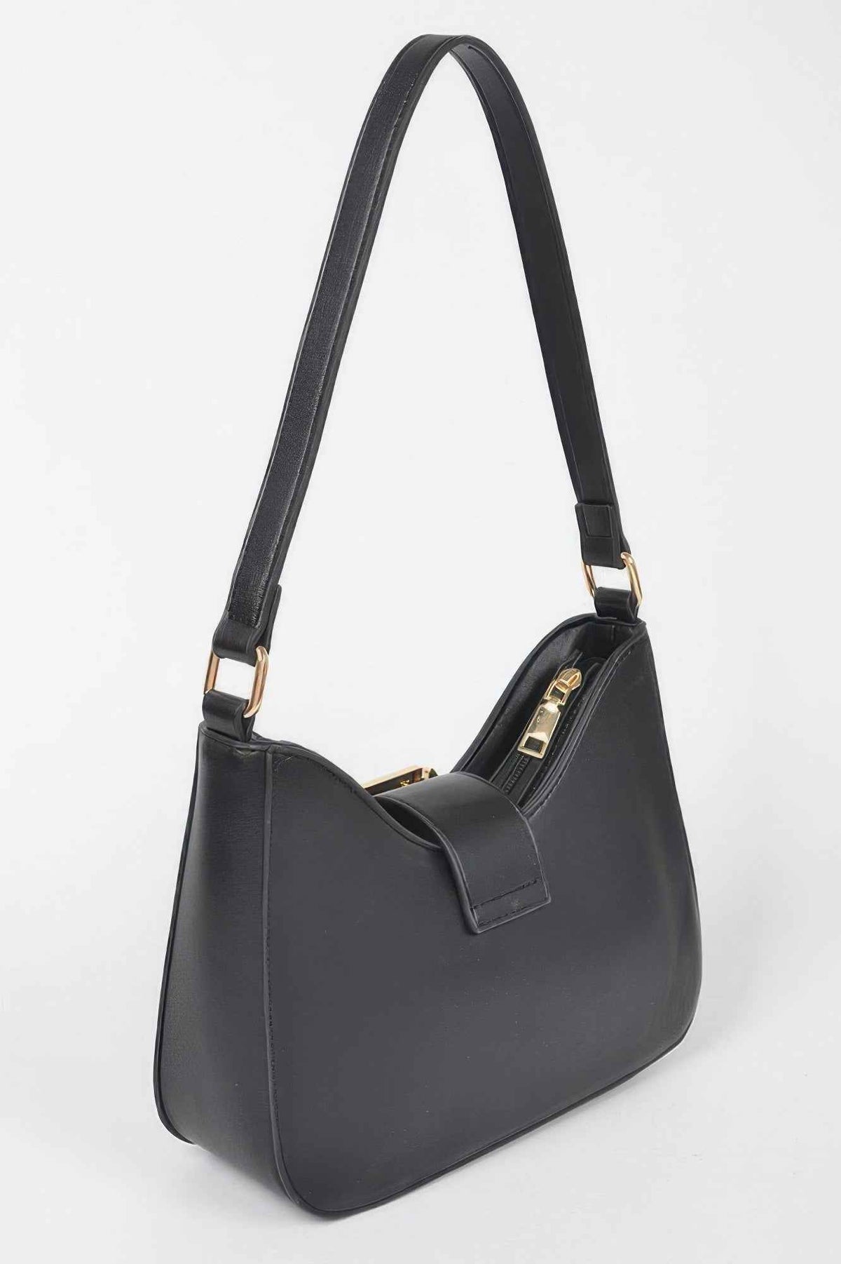 Faux Leather Studded Metal Buckle Shoulder Bag