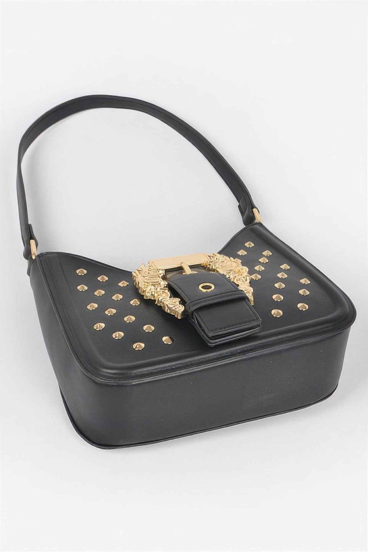 Faux Leather Studded Metal Buckle Shoulder Bag