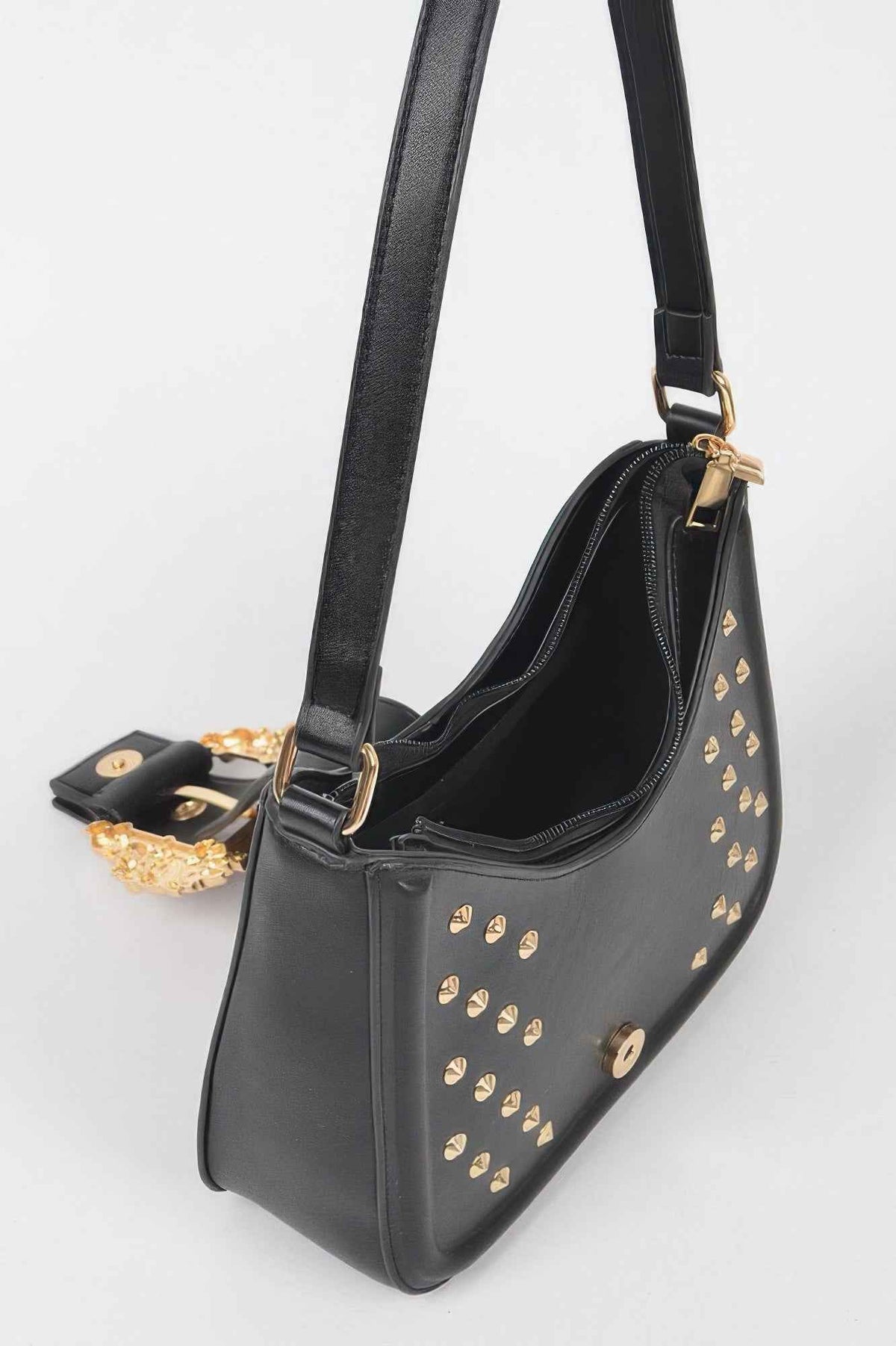 Faux Leather Studded Metal Buckle Shoulder Bag