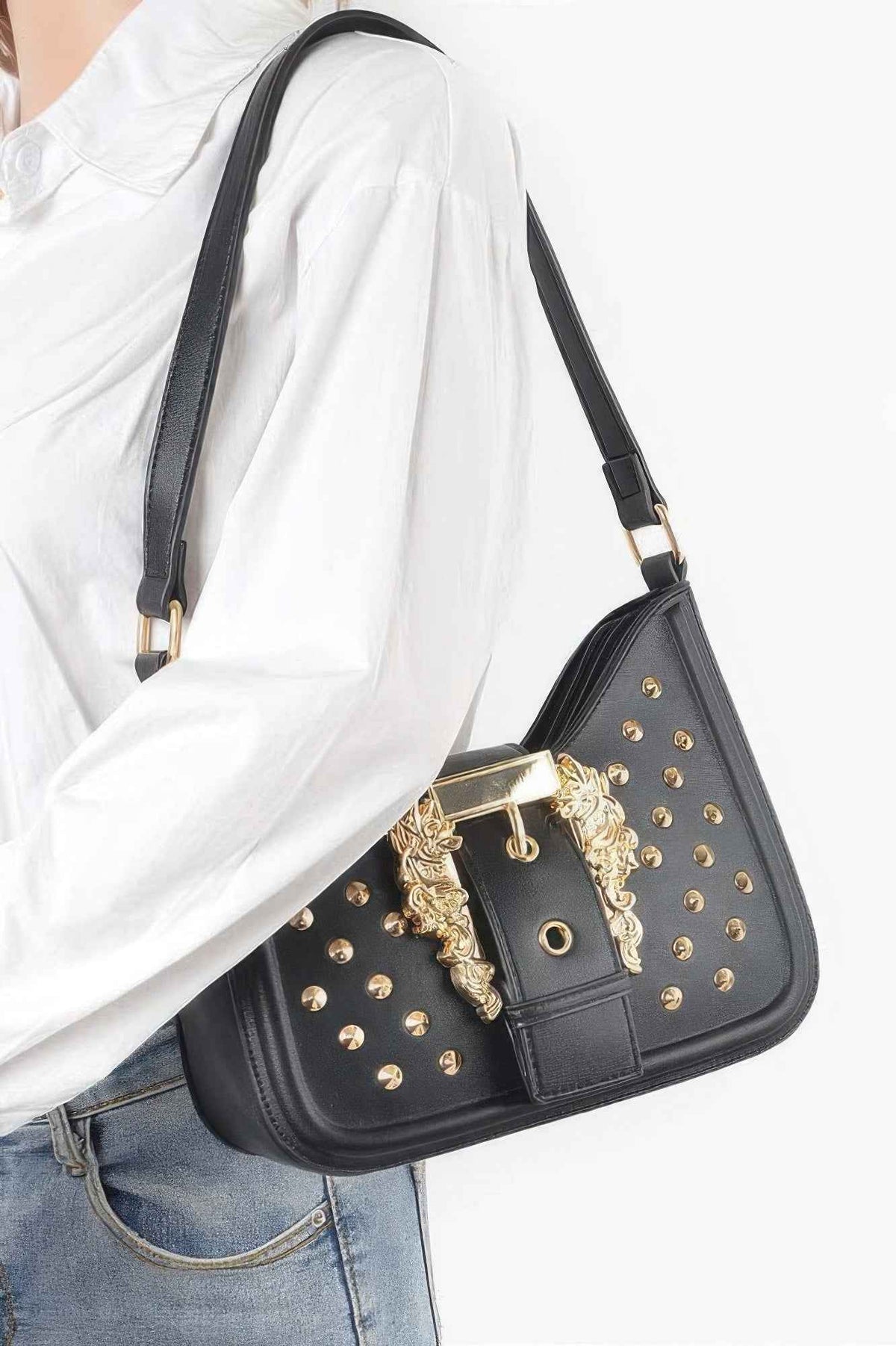 Faux Leather Studded Metal Buckle Shoulder Bag