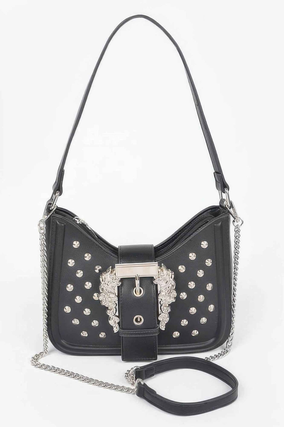 Faux Leather Studded Metal Buckle Shoulder Bag